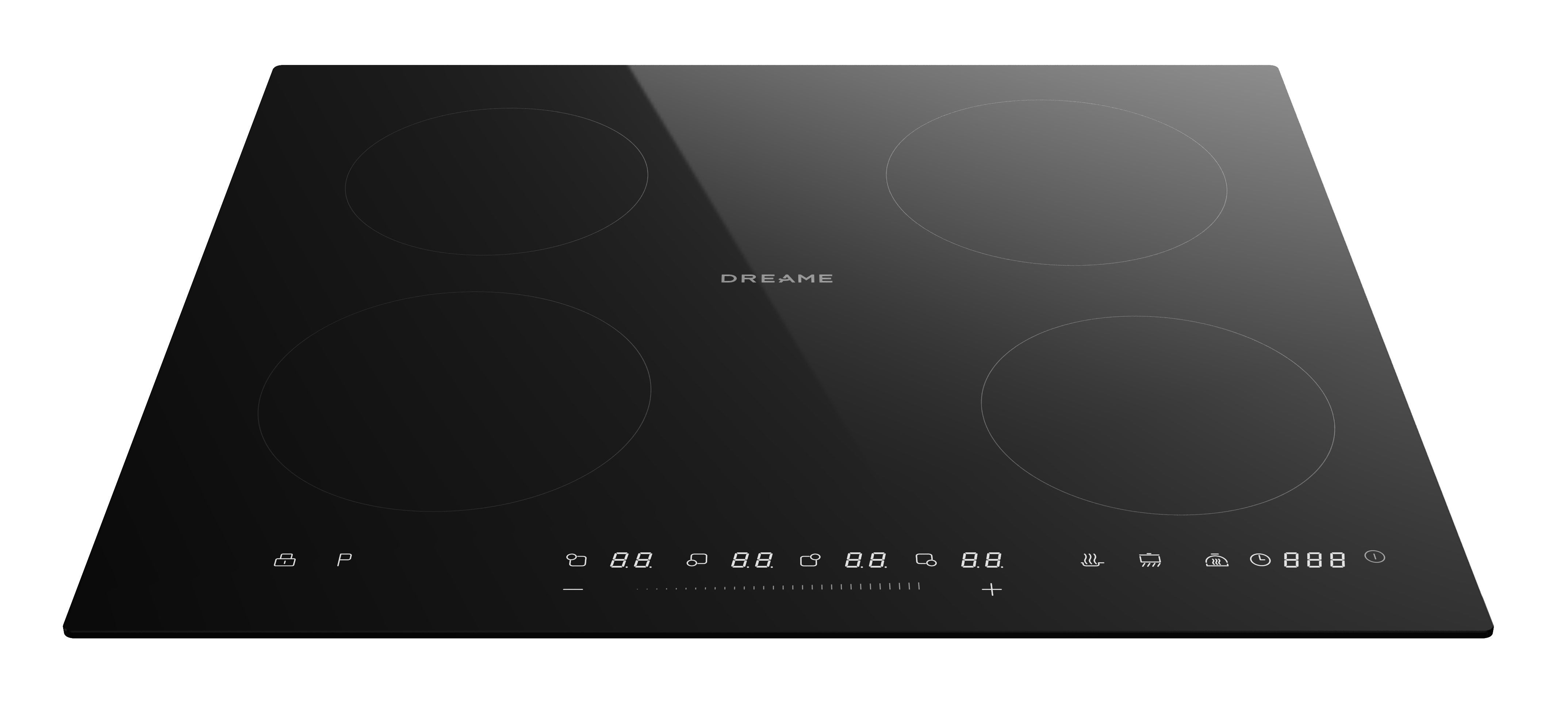 Czarna płyta indukcyjna z czterema strefami gotowania i cyfrowym sterowaniem.