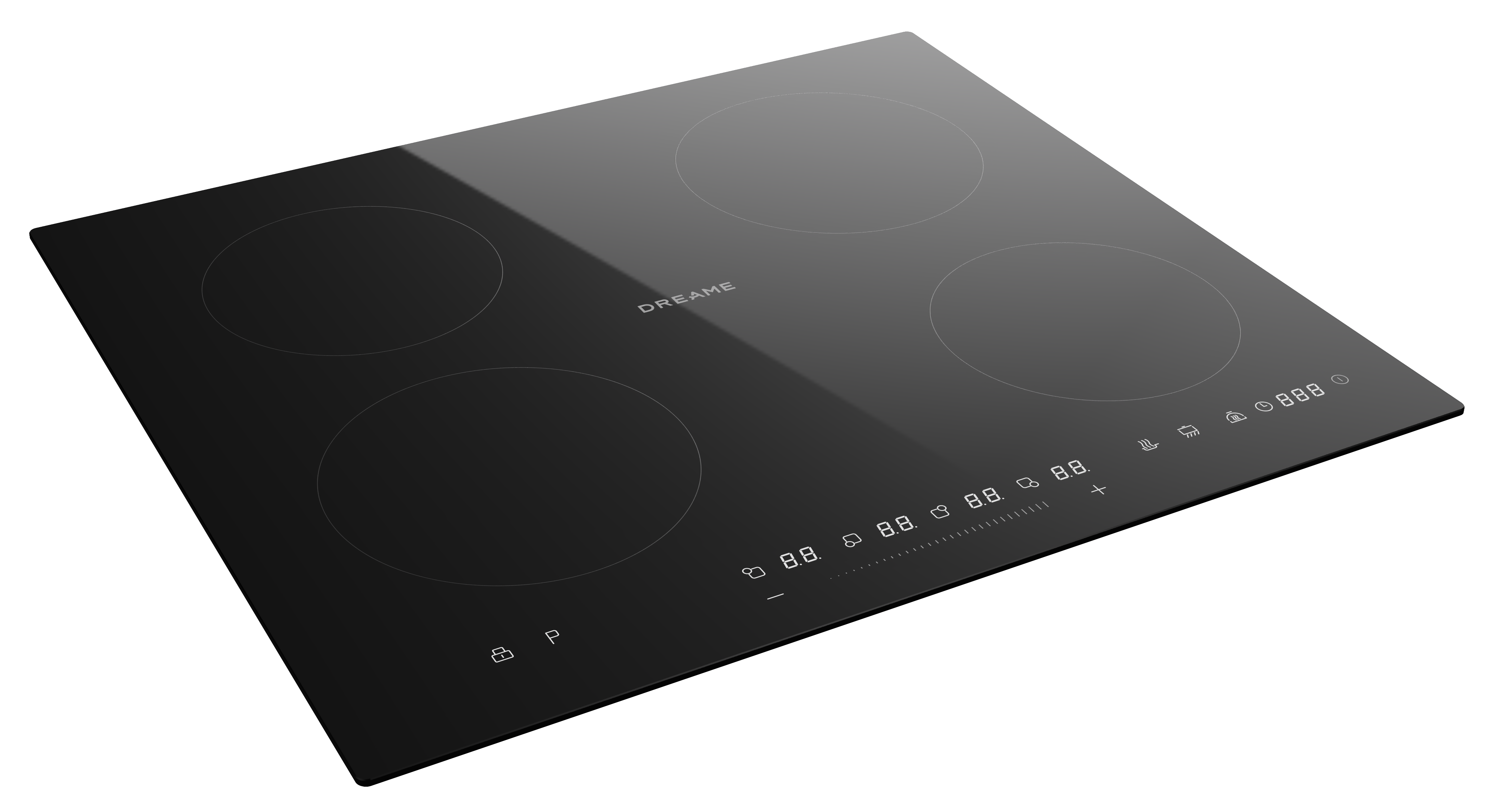 Czarna płyta indukcyjna z czterema strefami gotowania i cyfrowym sterowaniem.