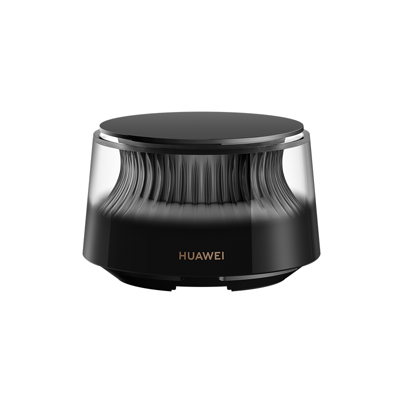 Gümüş kenarlı, şeffaf, nervürlü kasaya sahip siyah Huawei yönlendirici.