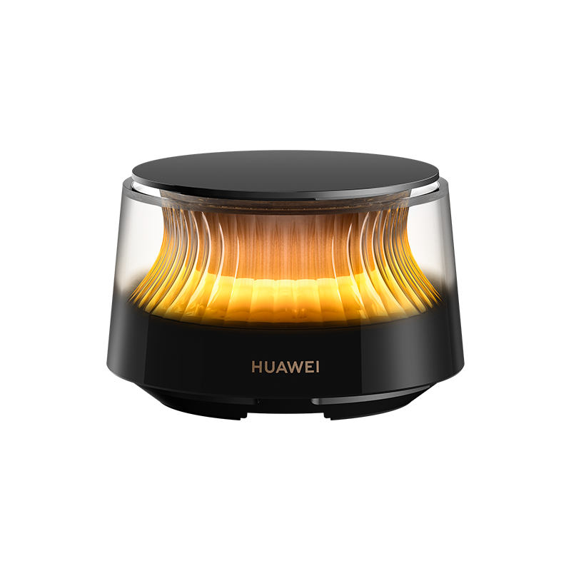 Parlak sarı, nervürlü bir iç kısma sahip siyah Huawei cihazı.