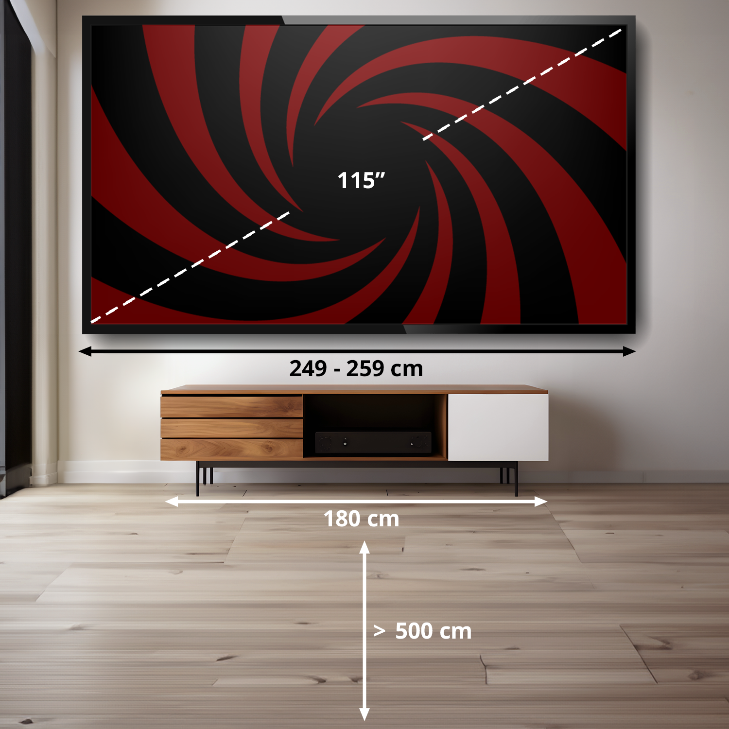 Un téléviseur de 115 pouces avec un motif tourbillon rouge et noir au-dessus d'une armoire en bois.