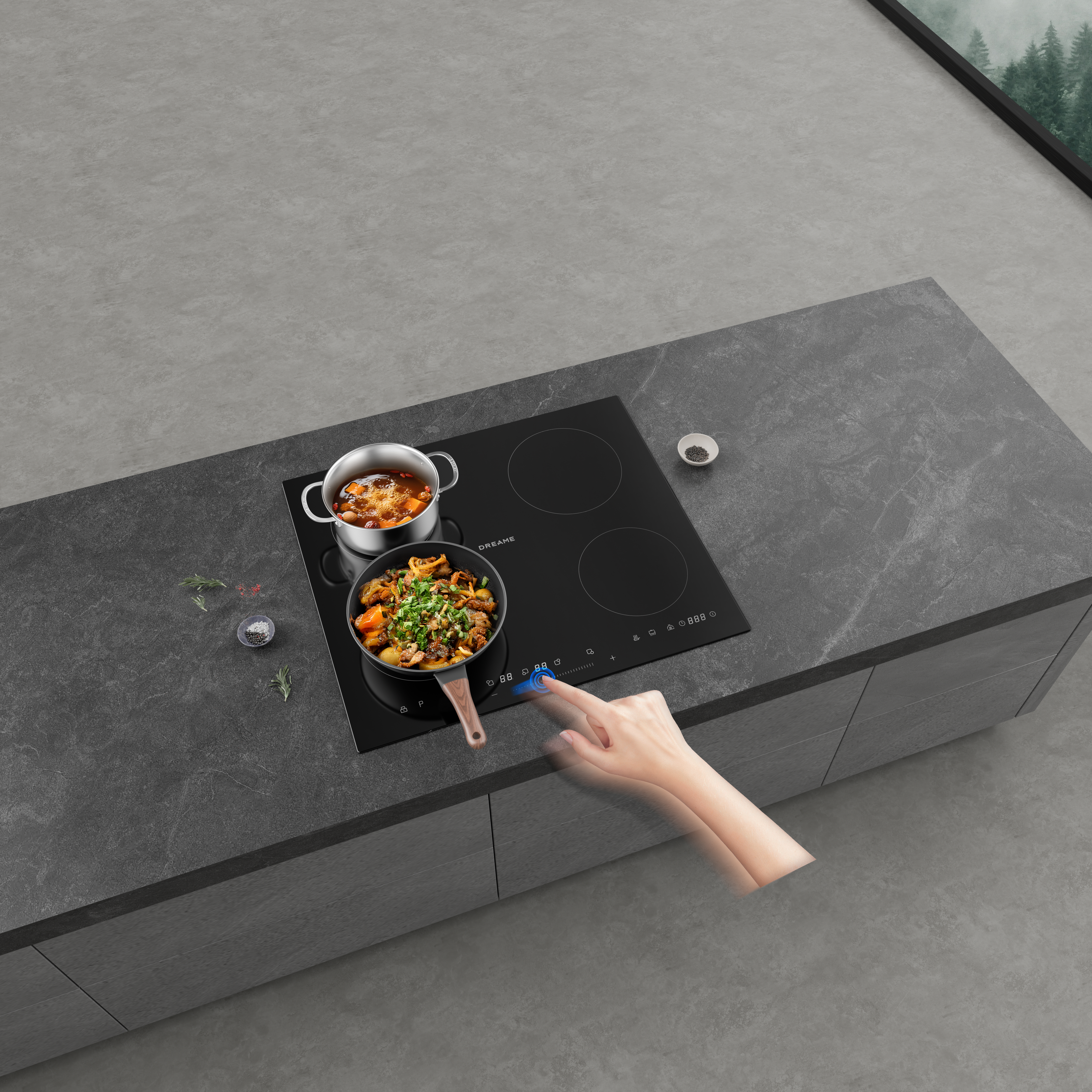 Ręka obsługuje płytę grzewczą z dwoma garnkami jedzenia.