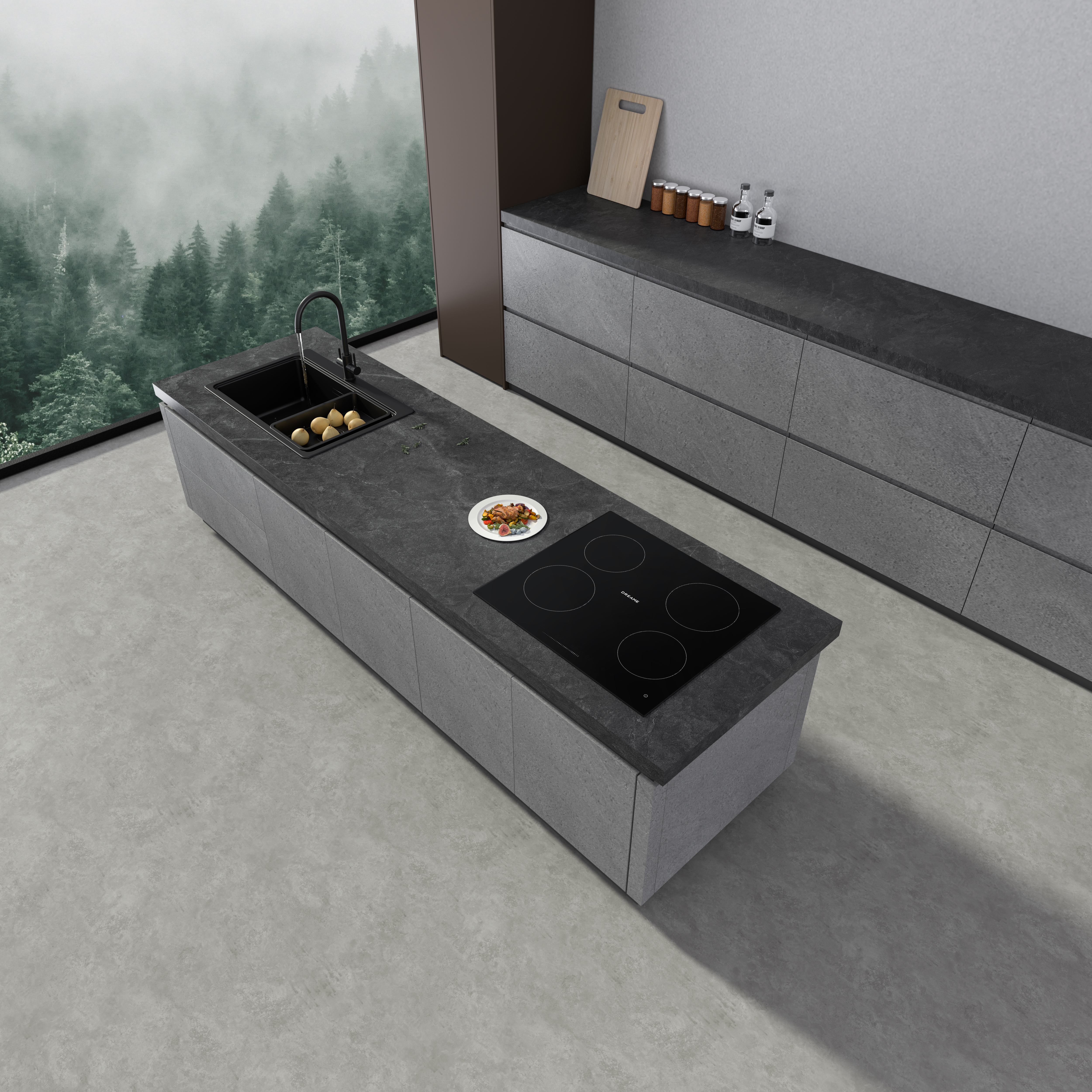 Nowoczesna wyspa kuchenna ze zlewem, płytą i jedzeniem, z widokiem na mglisty las.