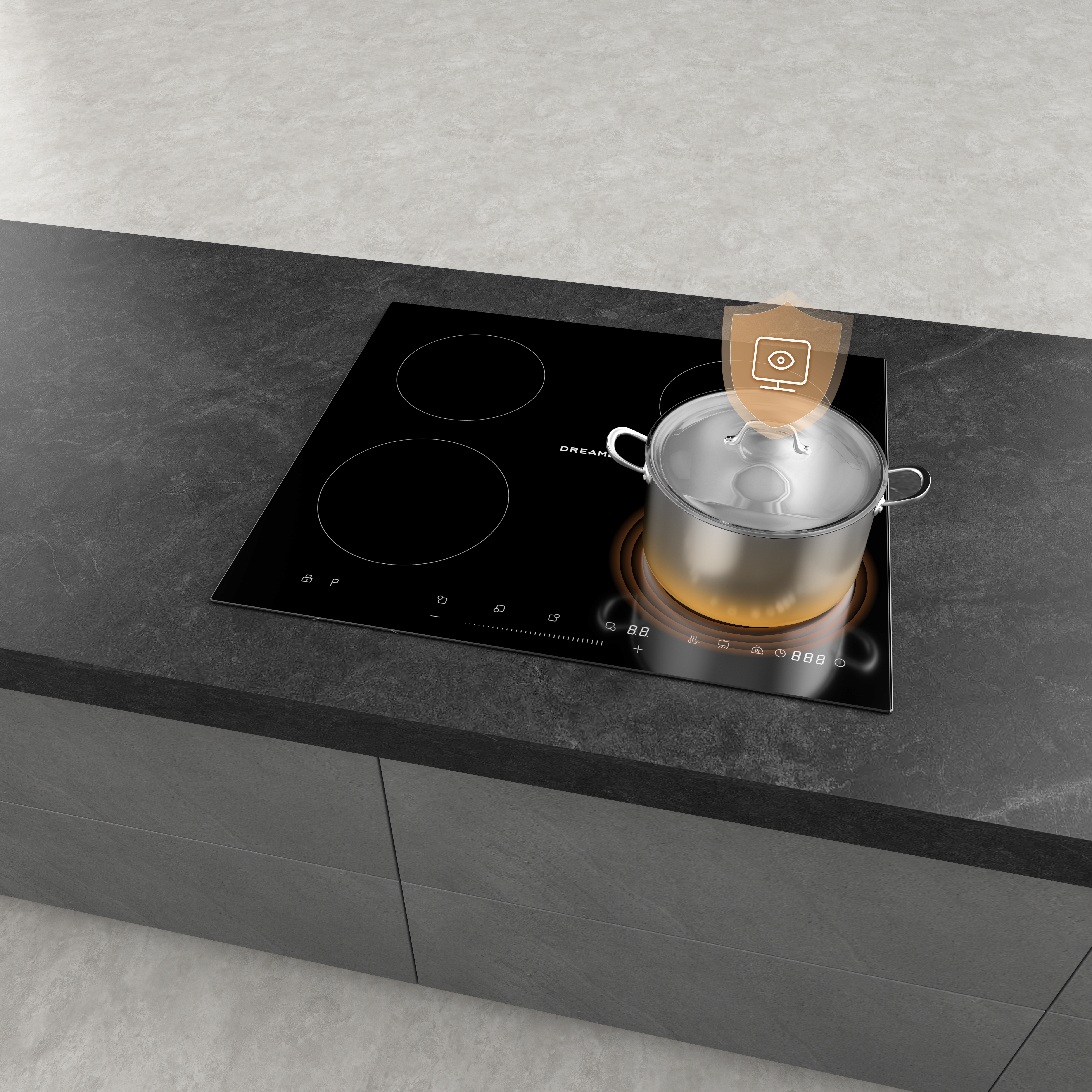 Srebrny garnek na płycie indukcyjnej z ikoną bezpieczeństwa.