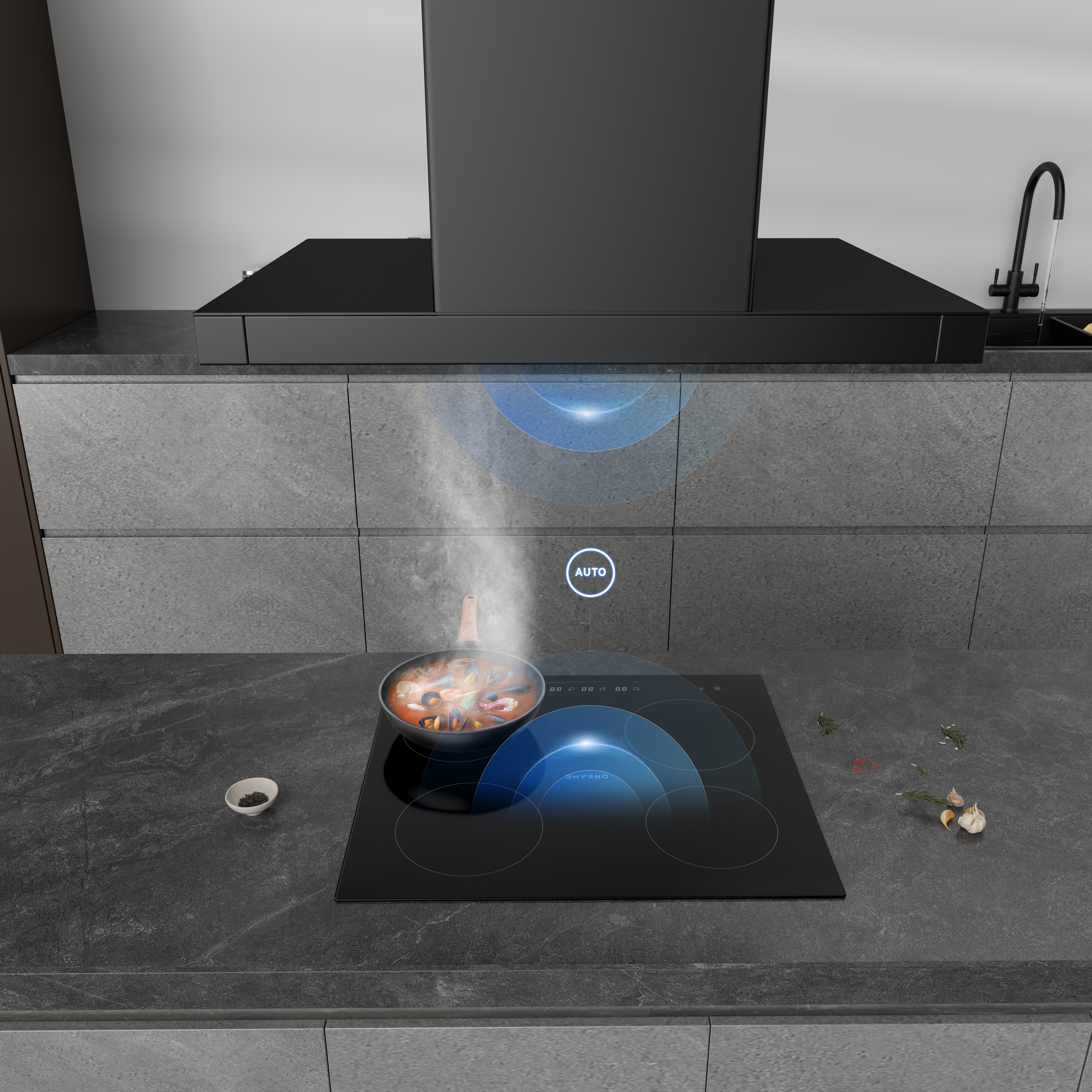 Płyta indukcyjna z parującym jedzeniem i niebieskimi falami czujnika.