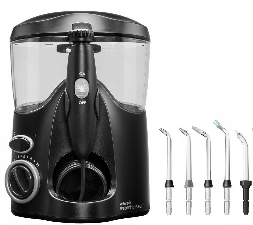 Czarny elektryczny irygator z przezroczystym zbiornikiem i pięcioma dyszami.