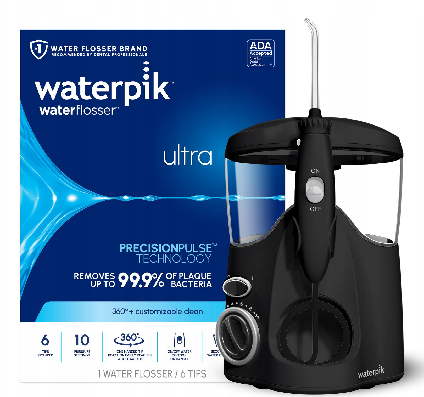 Czarny irygator wodny Waterpik z akcesoriami i opakowaniem. Pieczęć ADA Accepted.