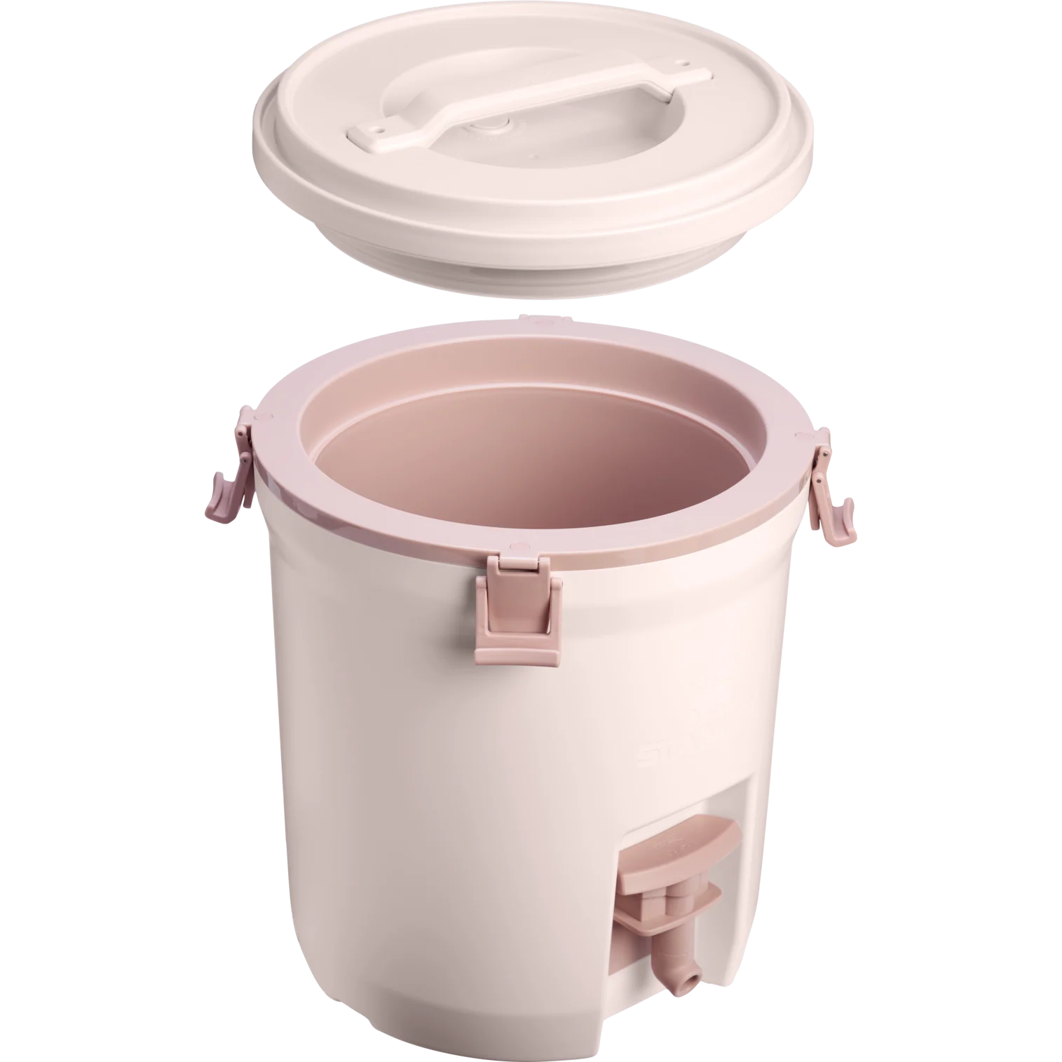 Pembe kenarlı ve musluklu açık renkli bir kap.