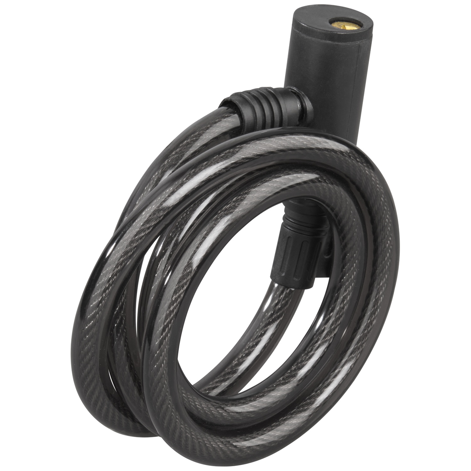 A black bicycle lock with a thick, braided cable and a cylinder head.