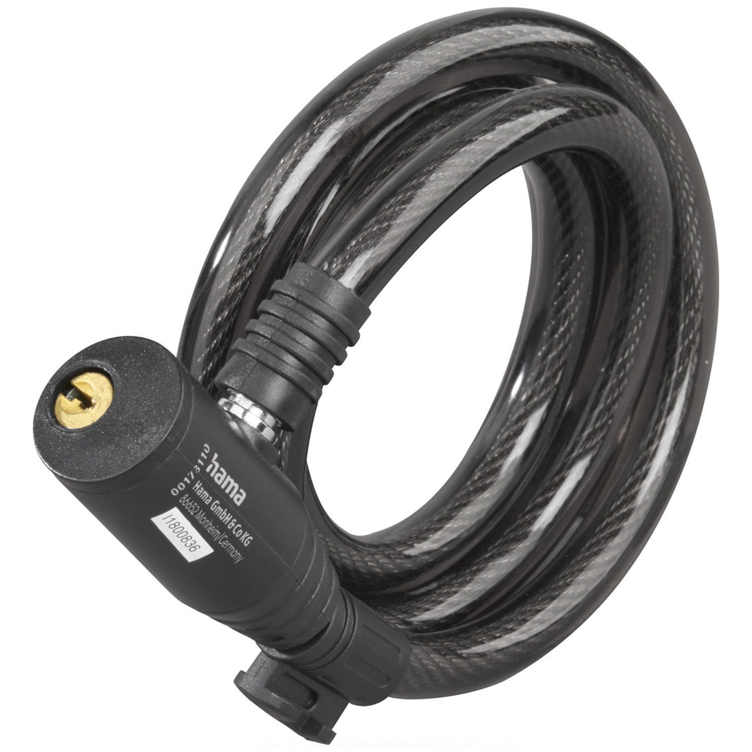 Black coiled cable bicycle lock with a silver cylinder lock, isolated on white.