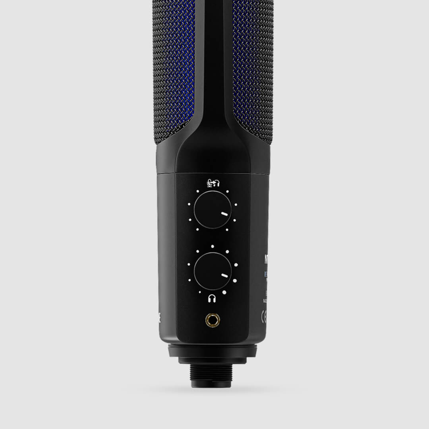 Black microphone with blue mesh grille and control knobs.