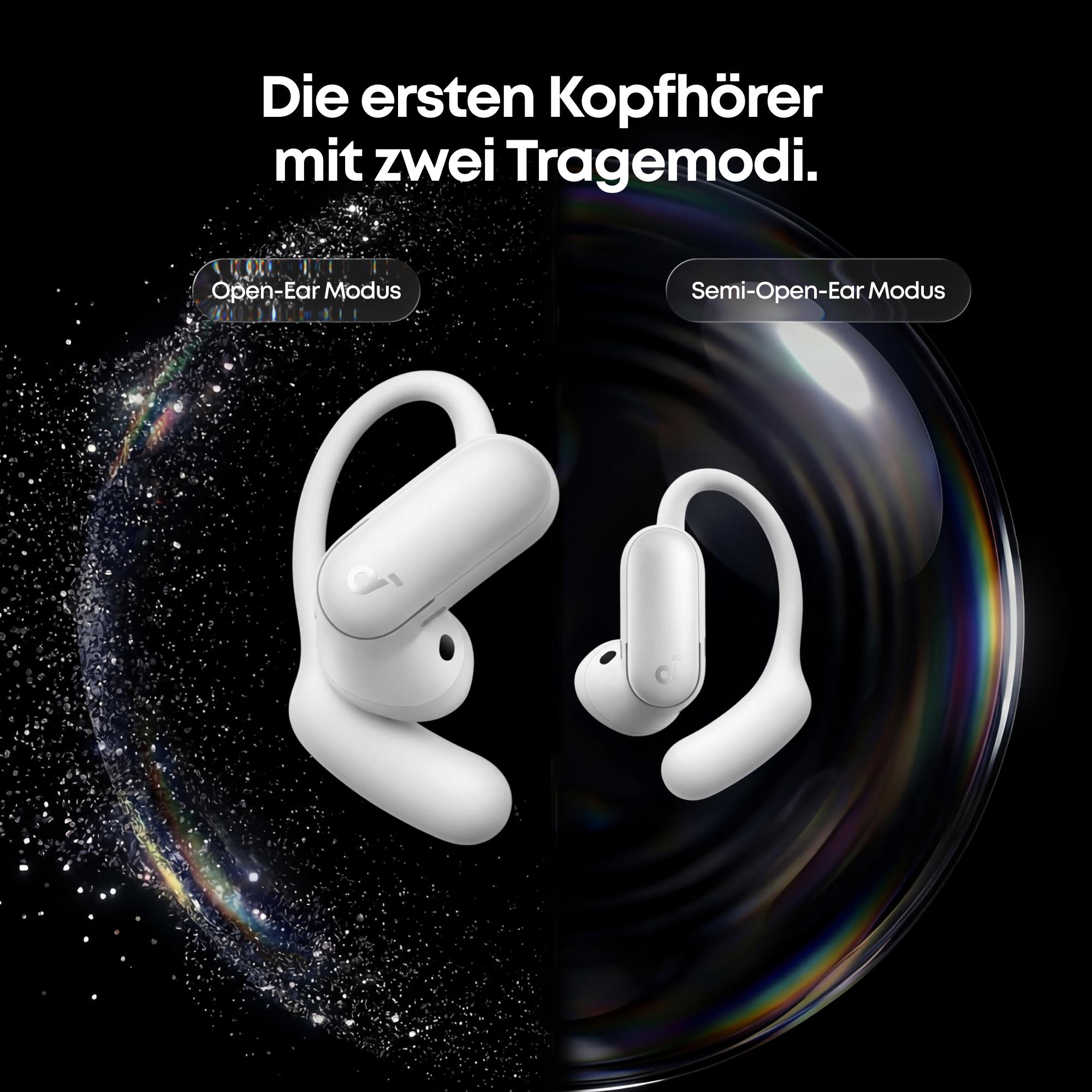 Weiße Ohrhörer in zwei Modi: Open-Ear mit Glitzer und Semi-Open-Ear in einer Blase.