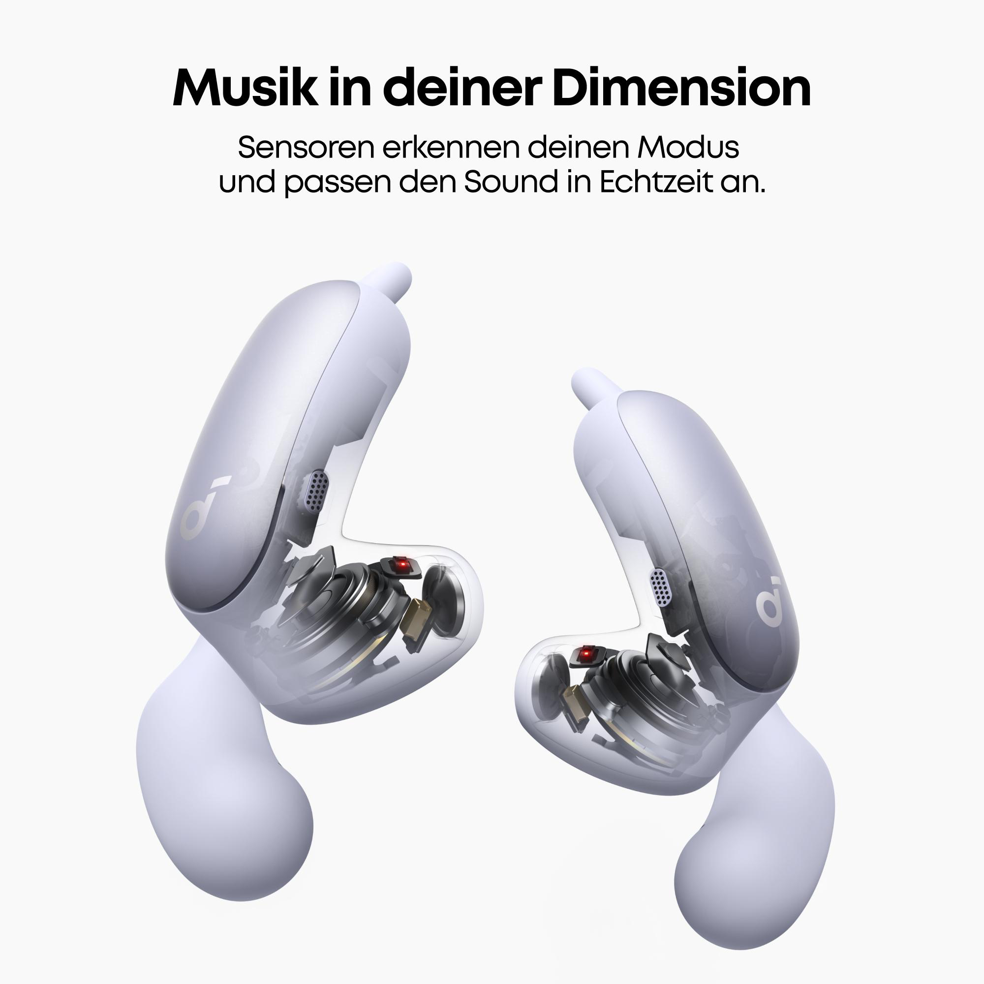 Transparente Ohrhörer mit sichtbaren Komponenten und Text.