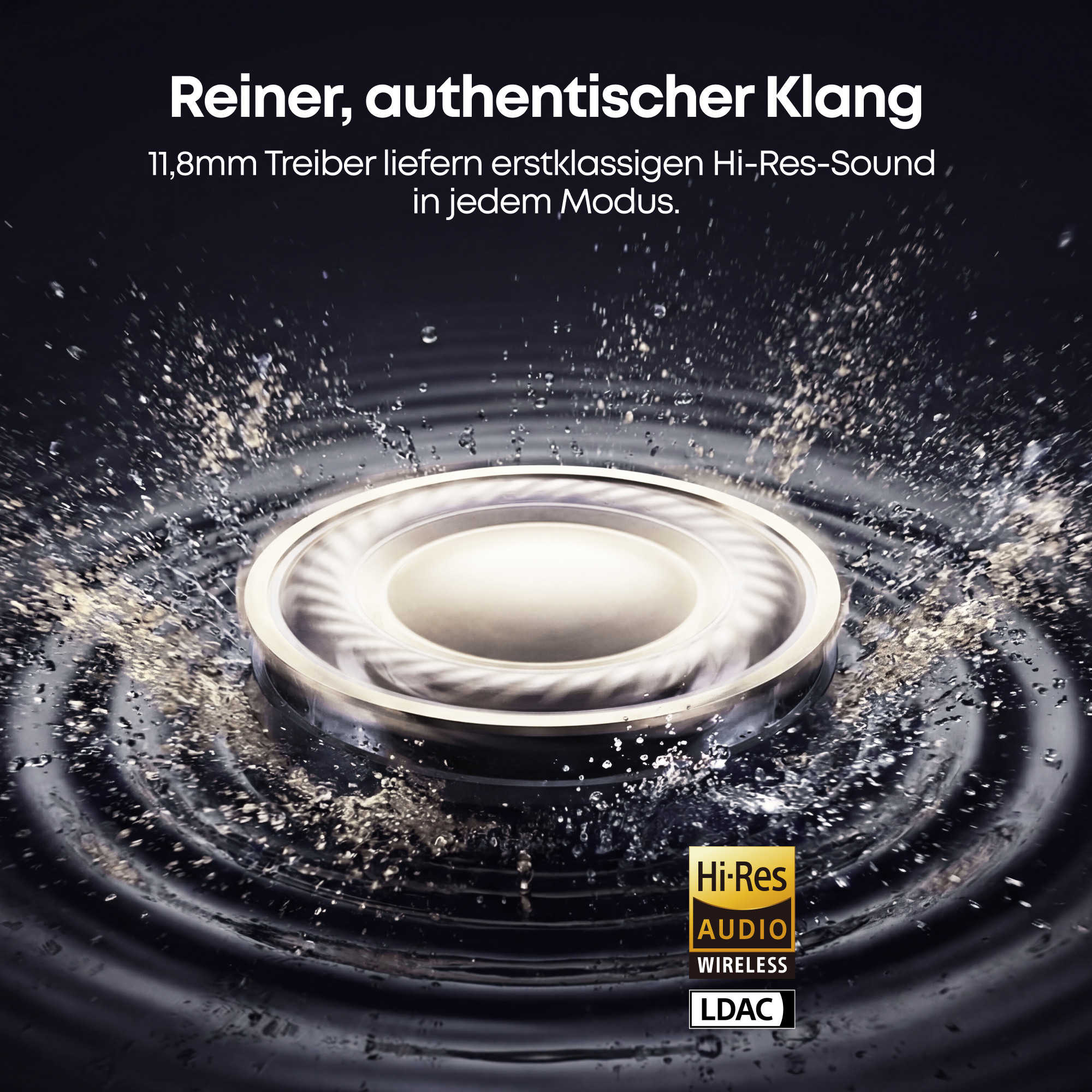 Lautsprechermembran mit Wasser spritzt. Hi-Res Audio Wireless LDAC.
