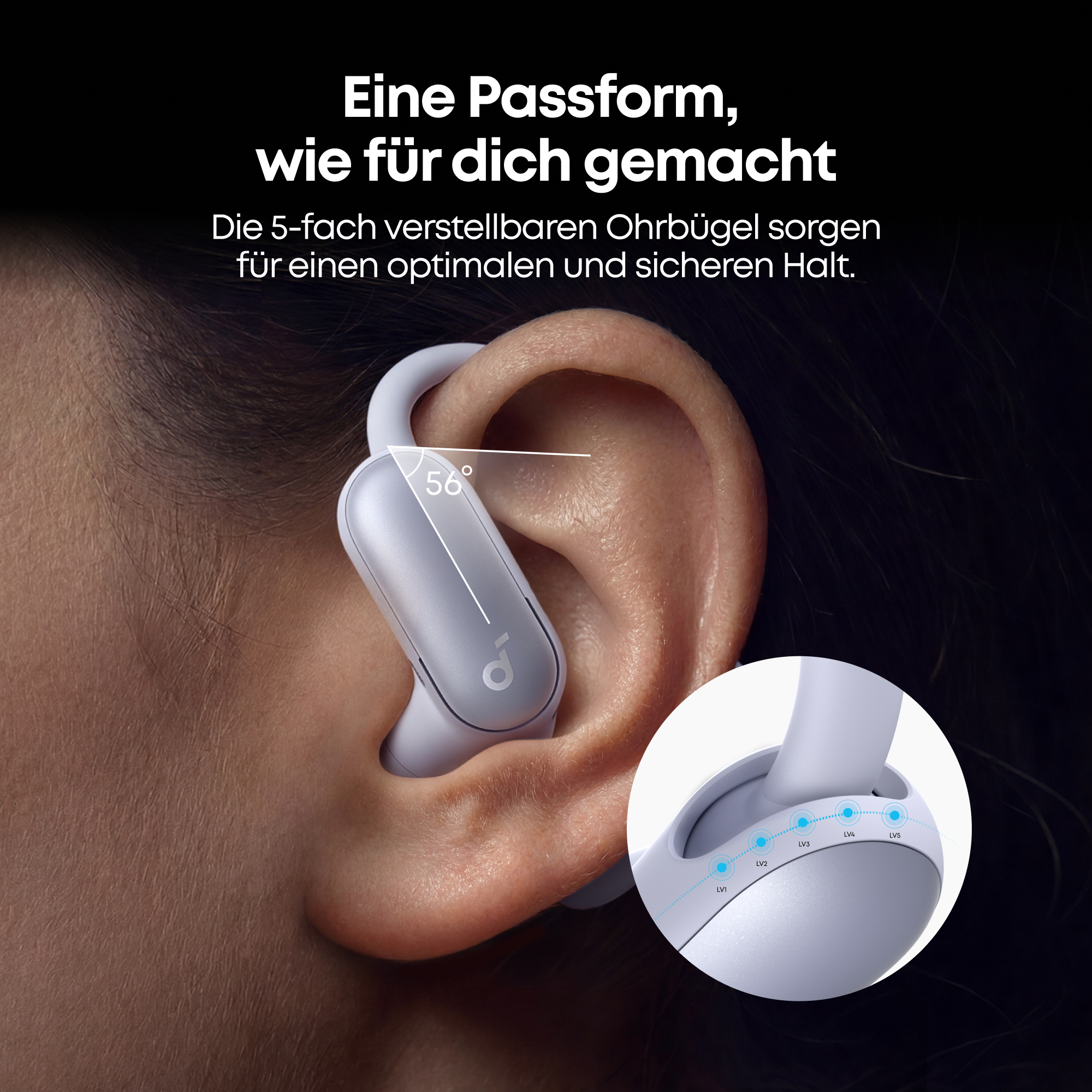 Ein weißer Ohrhörer sitzt im Ohr, mit einem Winkel von 56 Grad.