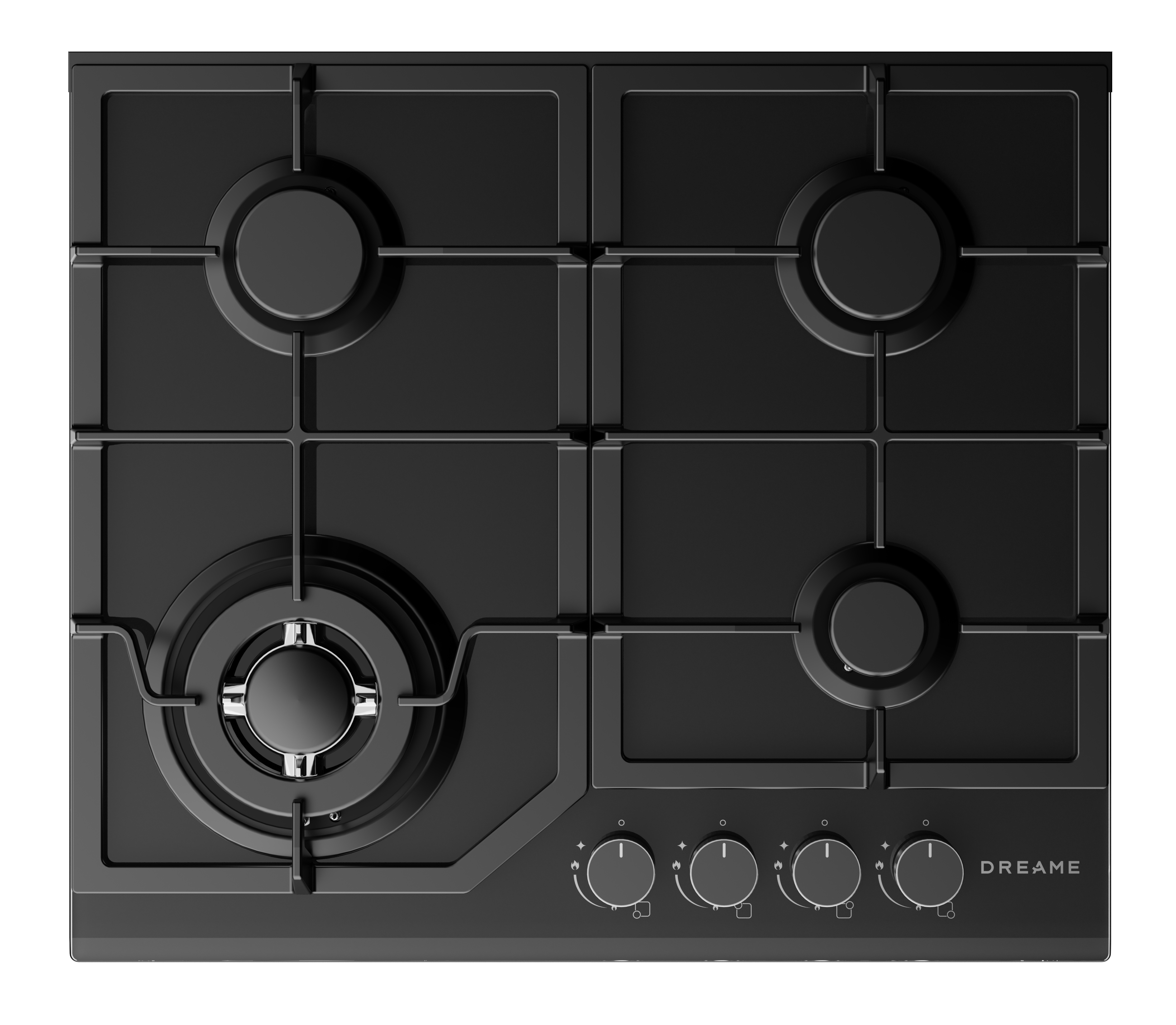 Czarna płyta gazowa z czterema palnikami i pokrętłami.