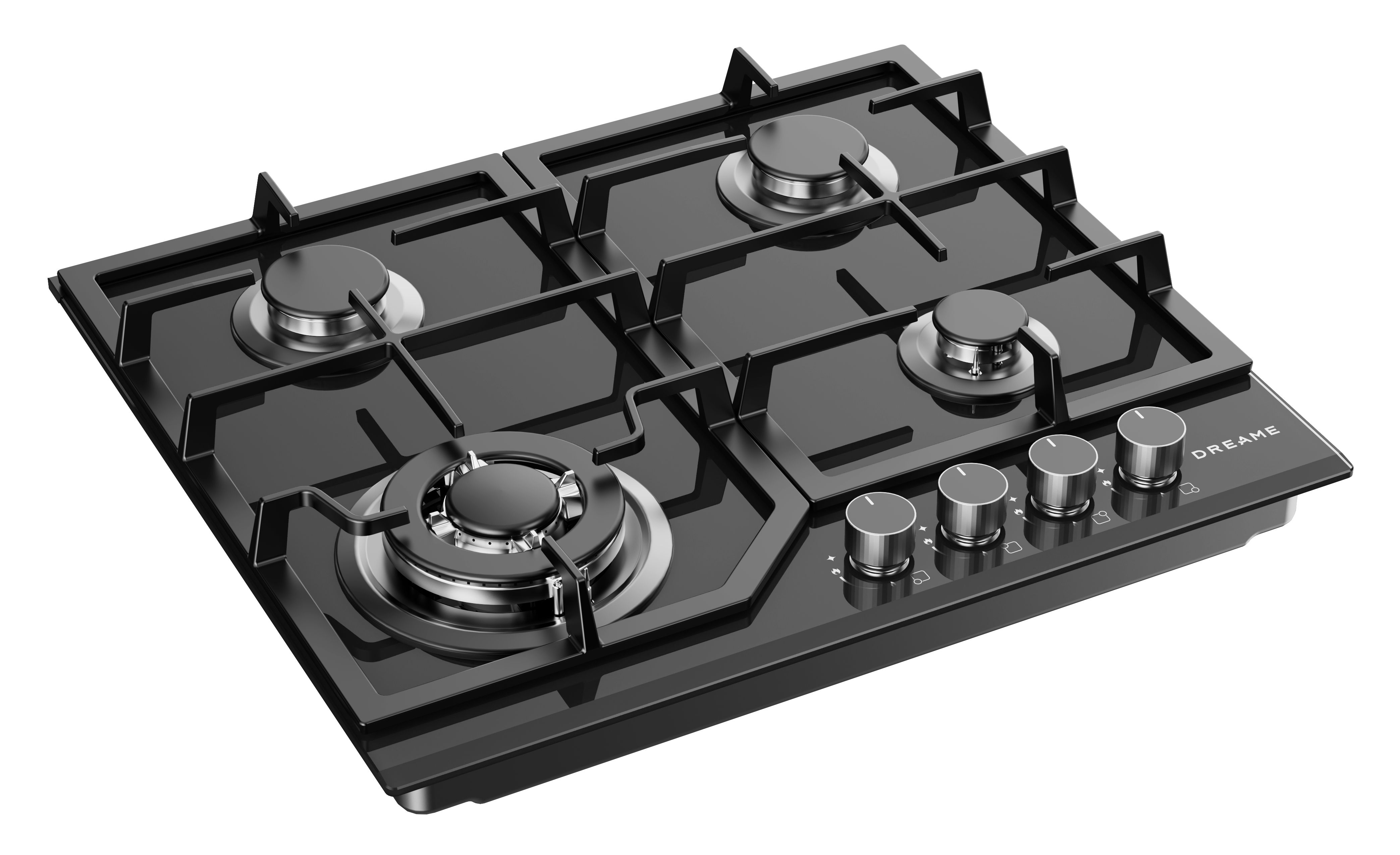 Czarna płyta gazowa z czterema palnikami i srebrnymi pokrętłami.