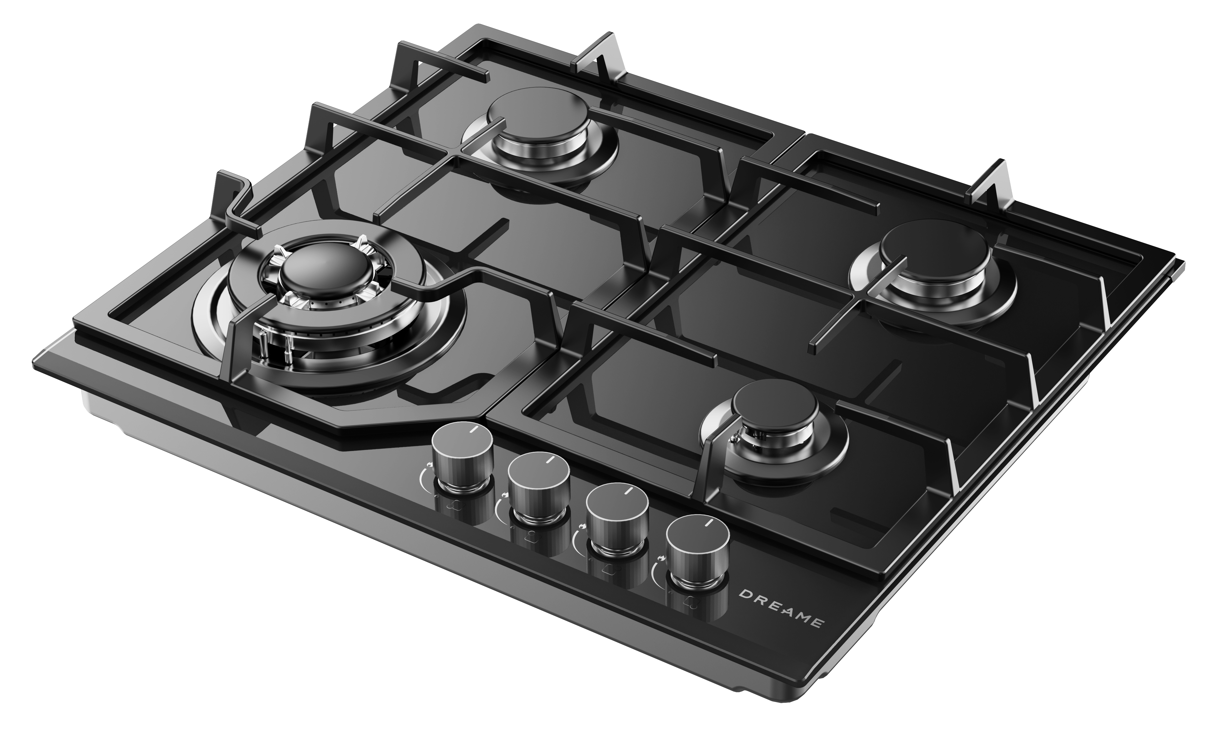Błyszcząca czarna płyta gazowa z czterema palnikami i pokrętłami.