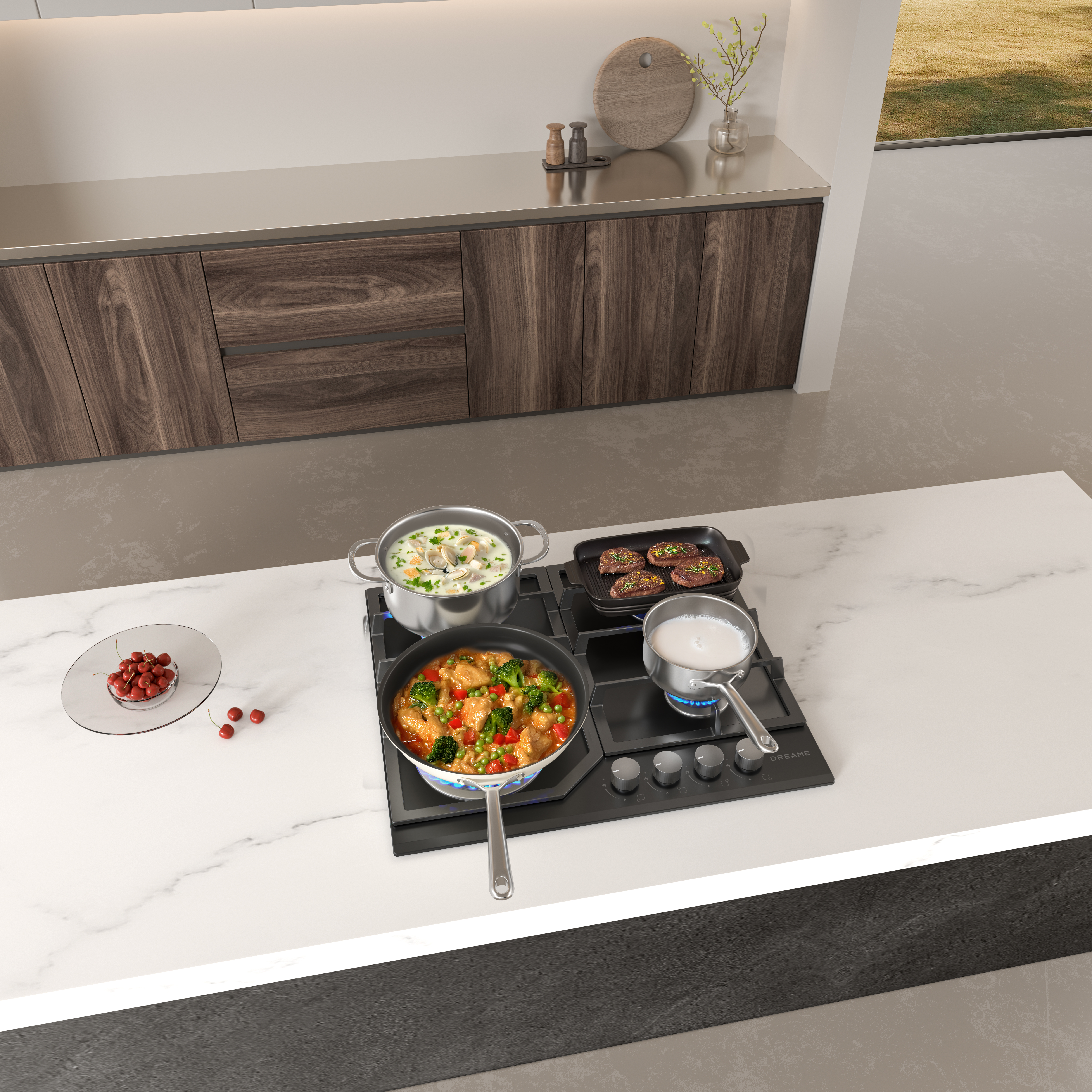 Kuchenka z garnkami przygotowującymi jedzenie, obok wiśni.