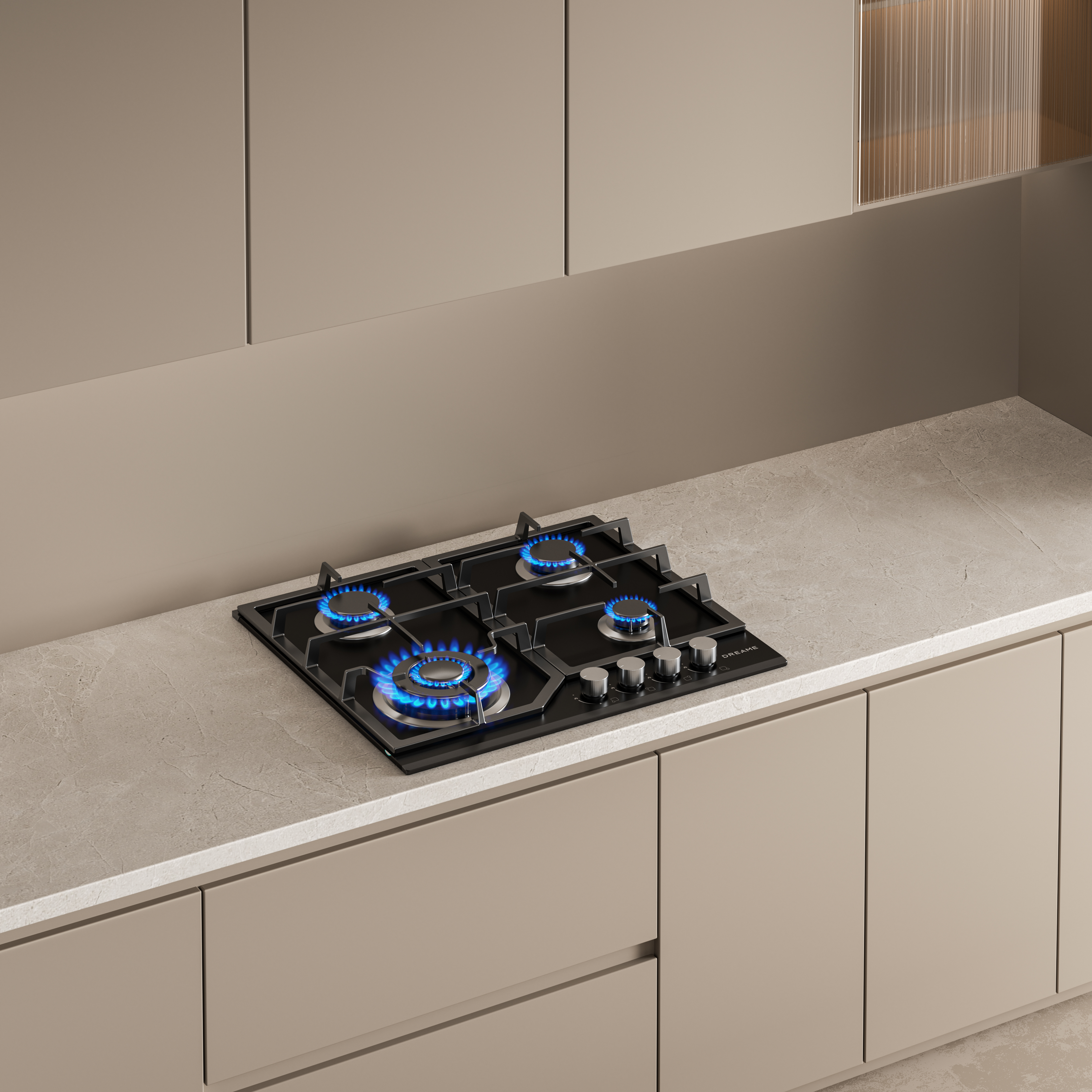 Nowoczesna kuchenka gazowa z czterema płonącymi niebieskimi płomieniami na kamiennym blacie.