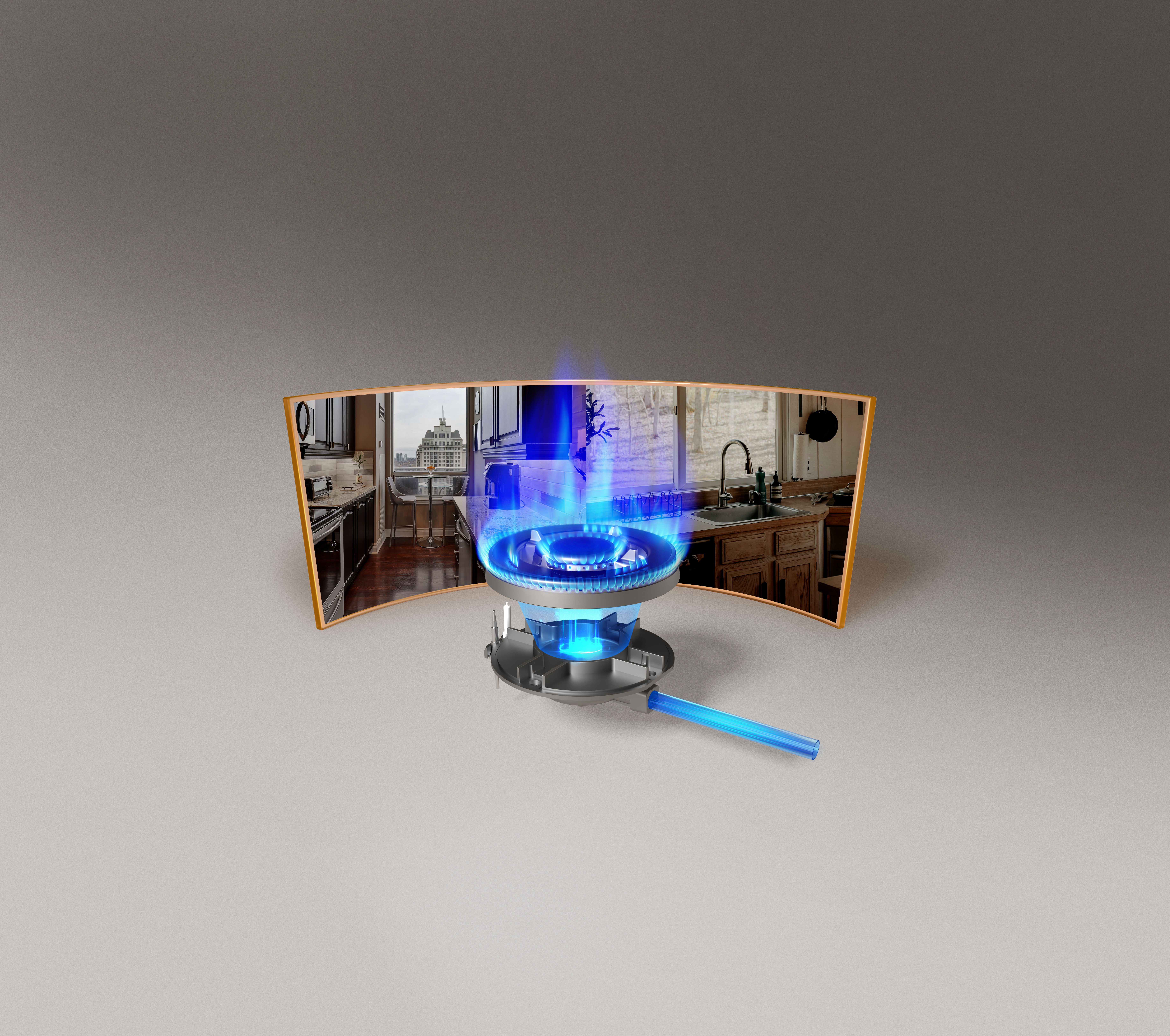 Palnik gazowy z niebieskim płomieniem na tle kuchni.