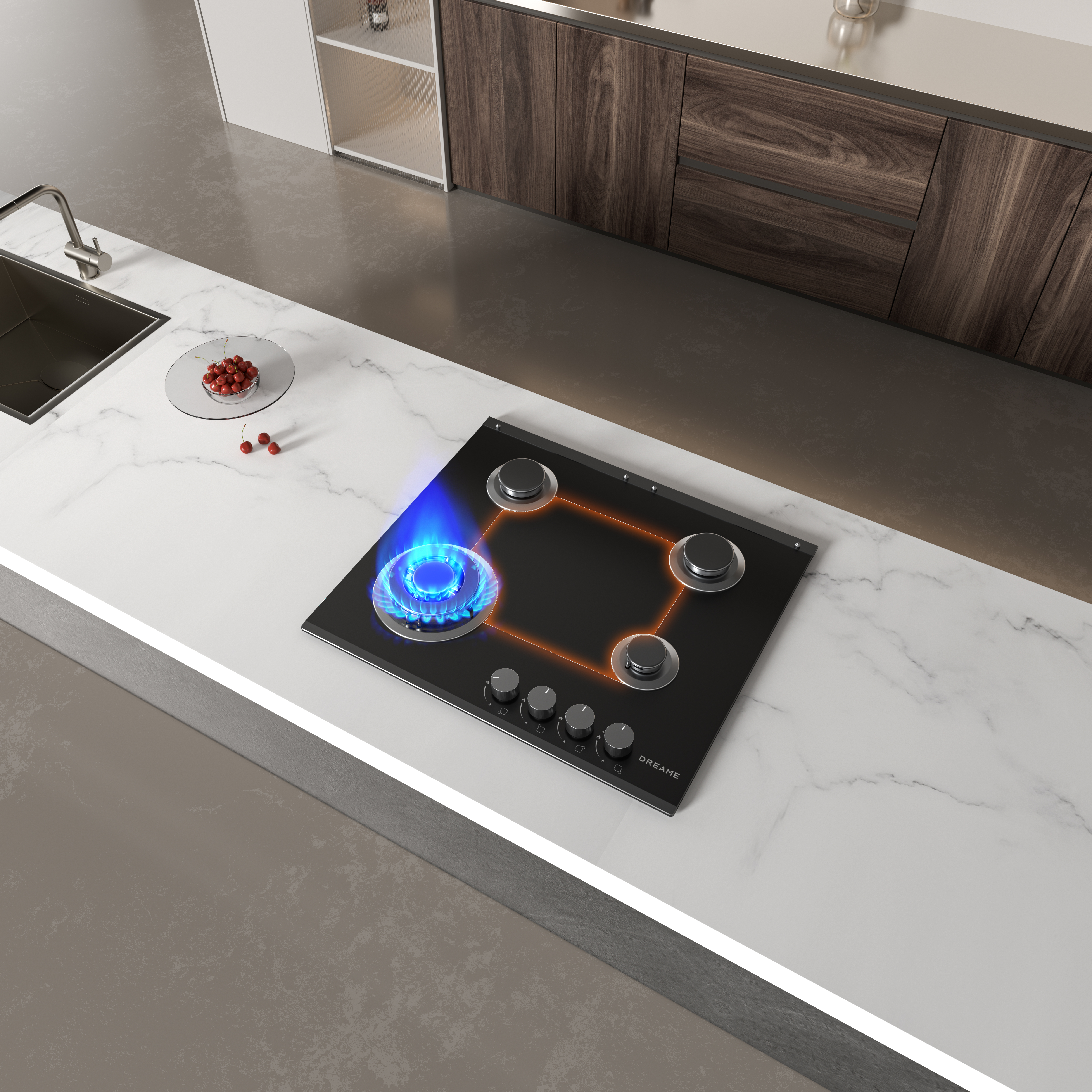 Nowoczesna czarna kuchenka gazowa z niebieskim płomieniem i czterema pokrętłami.