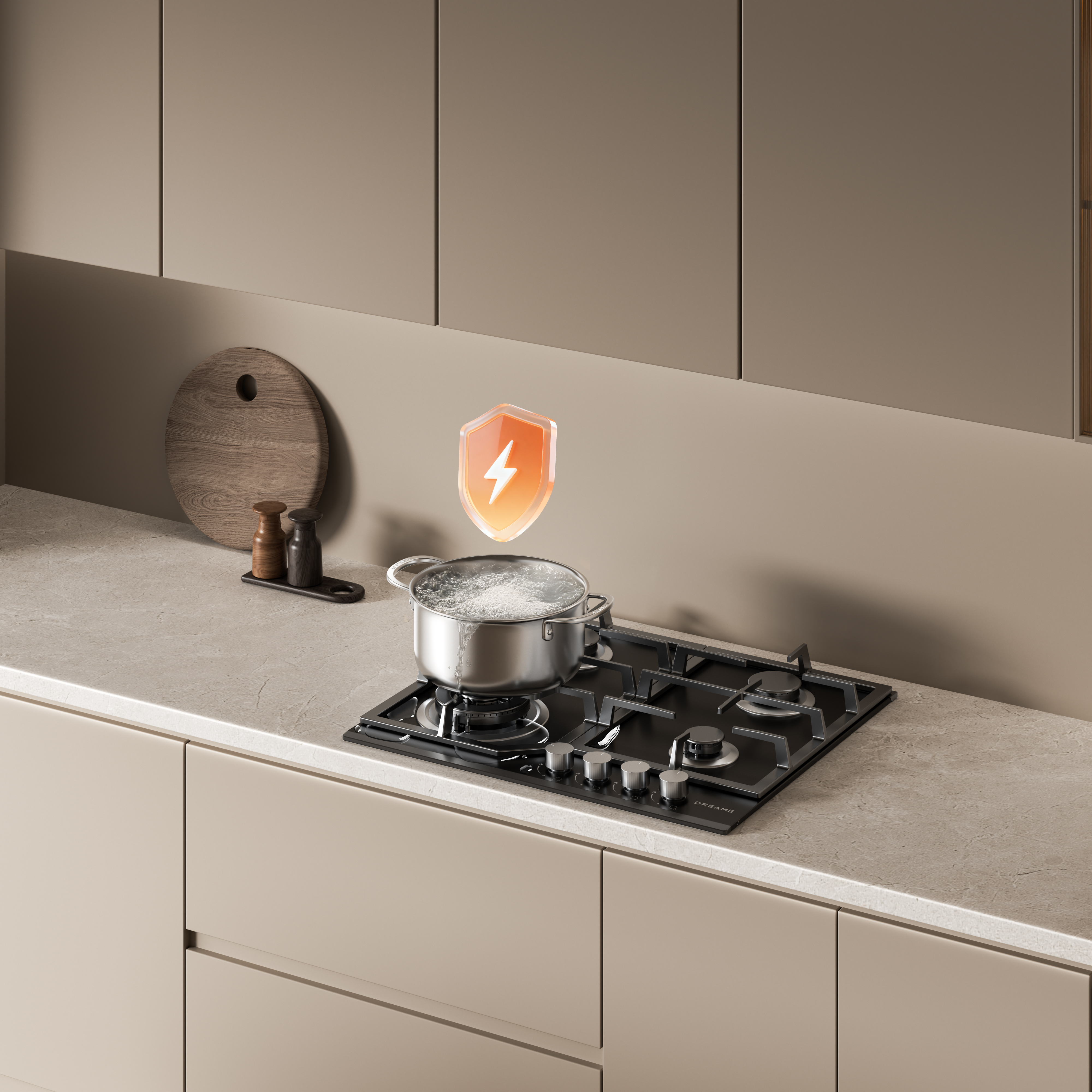 Garnek gotującej się wody na kuchence gazowej z symbolem ochrony.