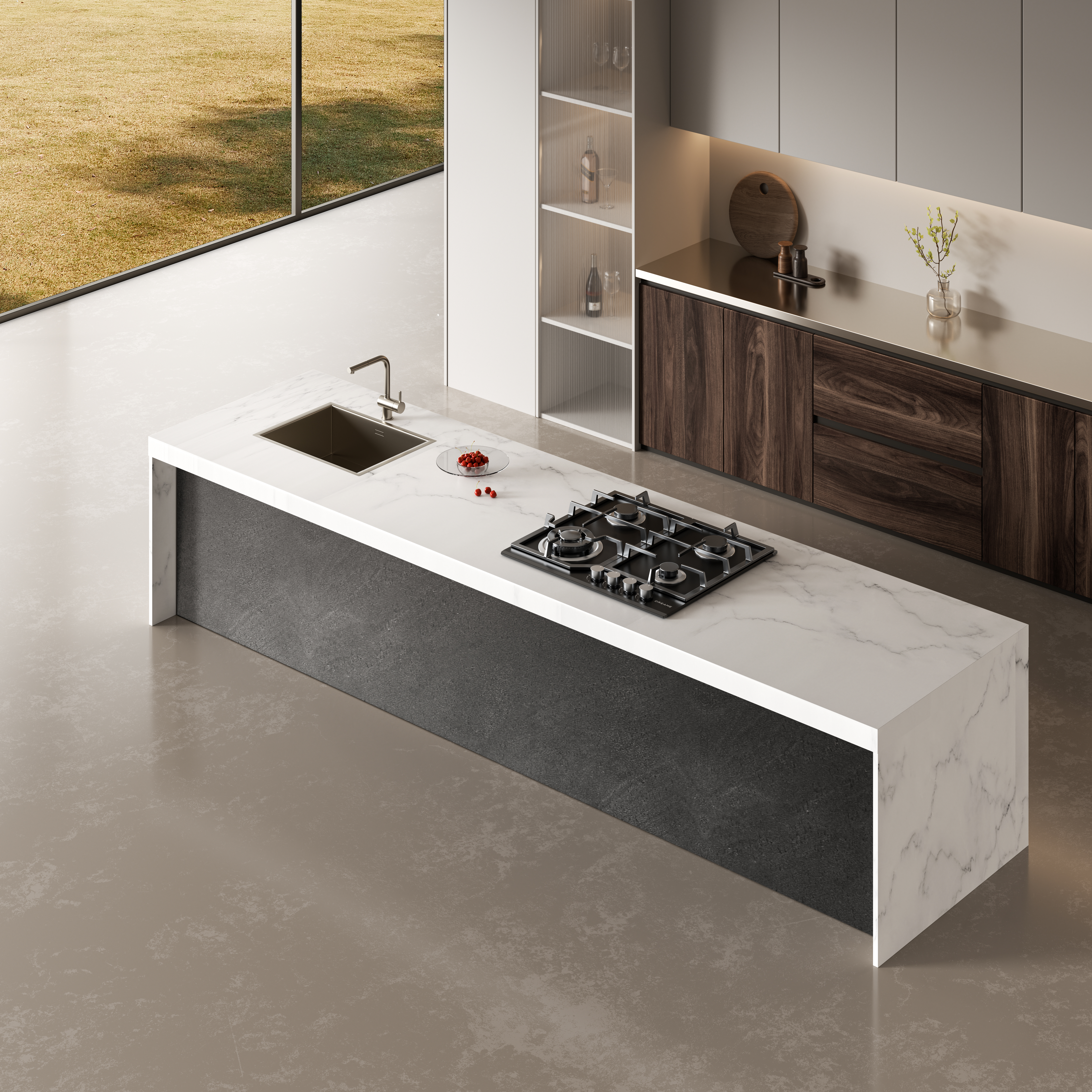 Nowoczesna kuchnia z marmurową wyspą, kuchenką gazową i widokiem na zieleń.