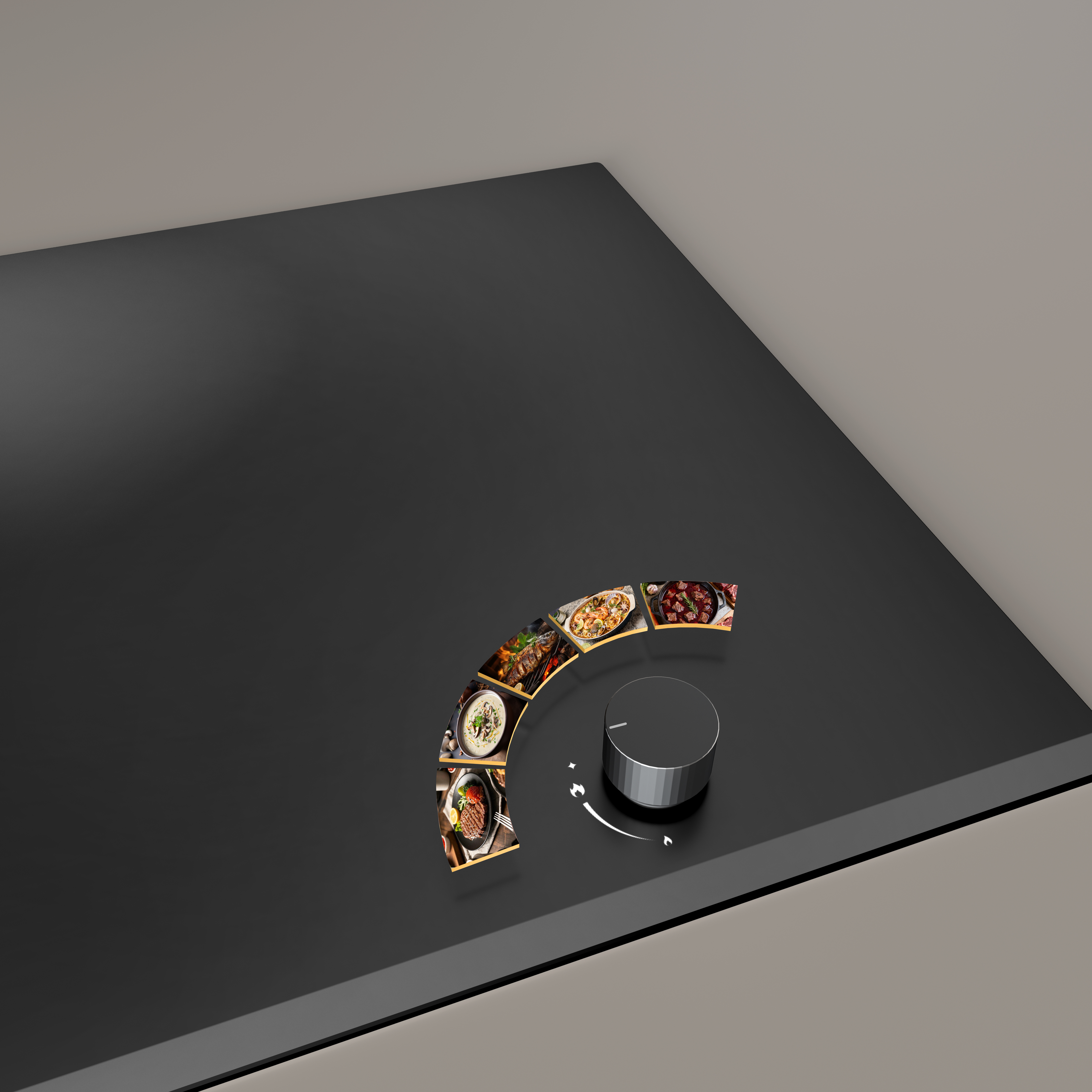 Płyta kuchenna z pokrętłem i obrazami jedzenia w półokręgu.