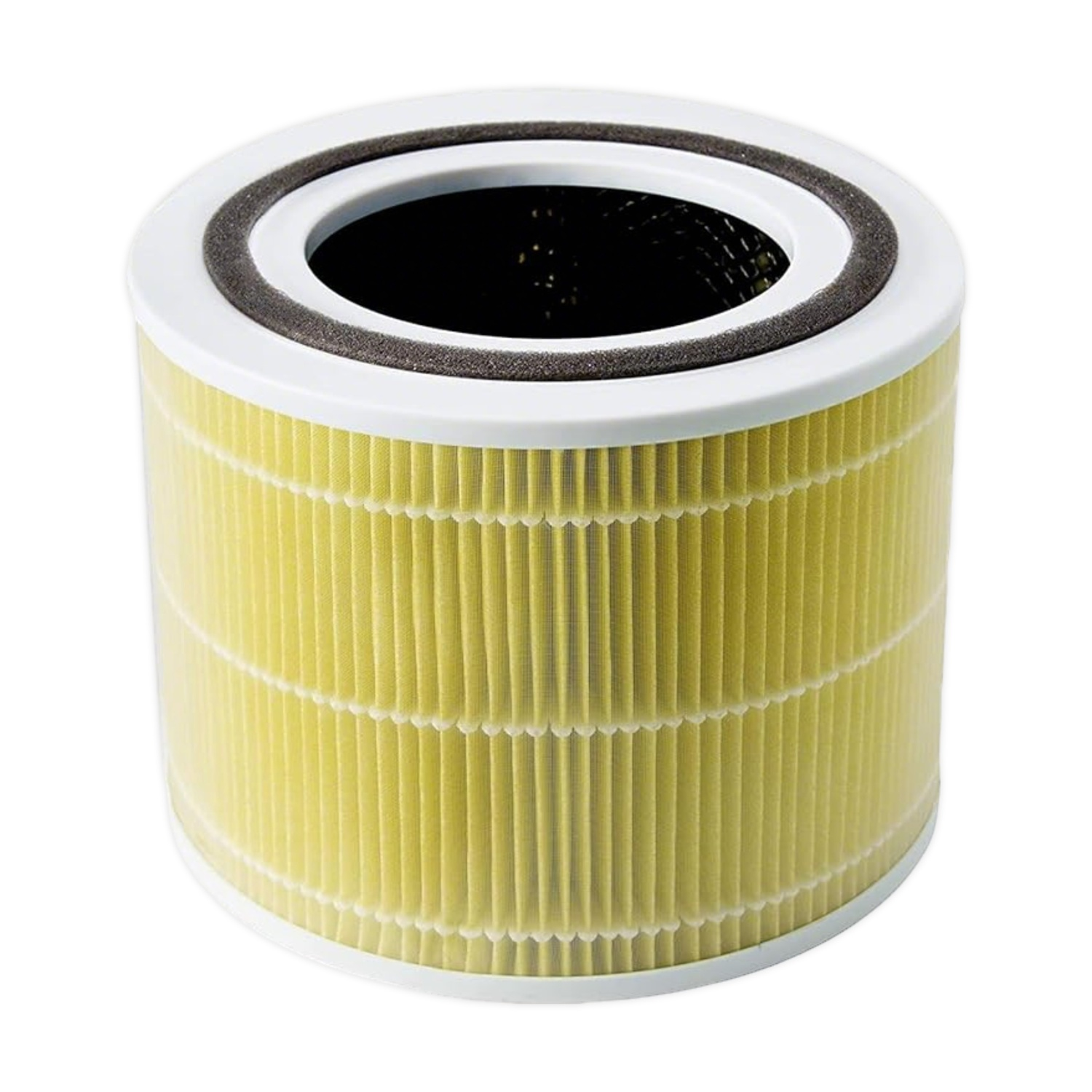 Un filtro dell'aria cilindrico con media filtrante plissettato giallo e cassa bianca.