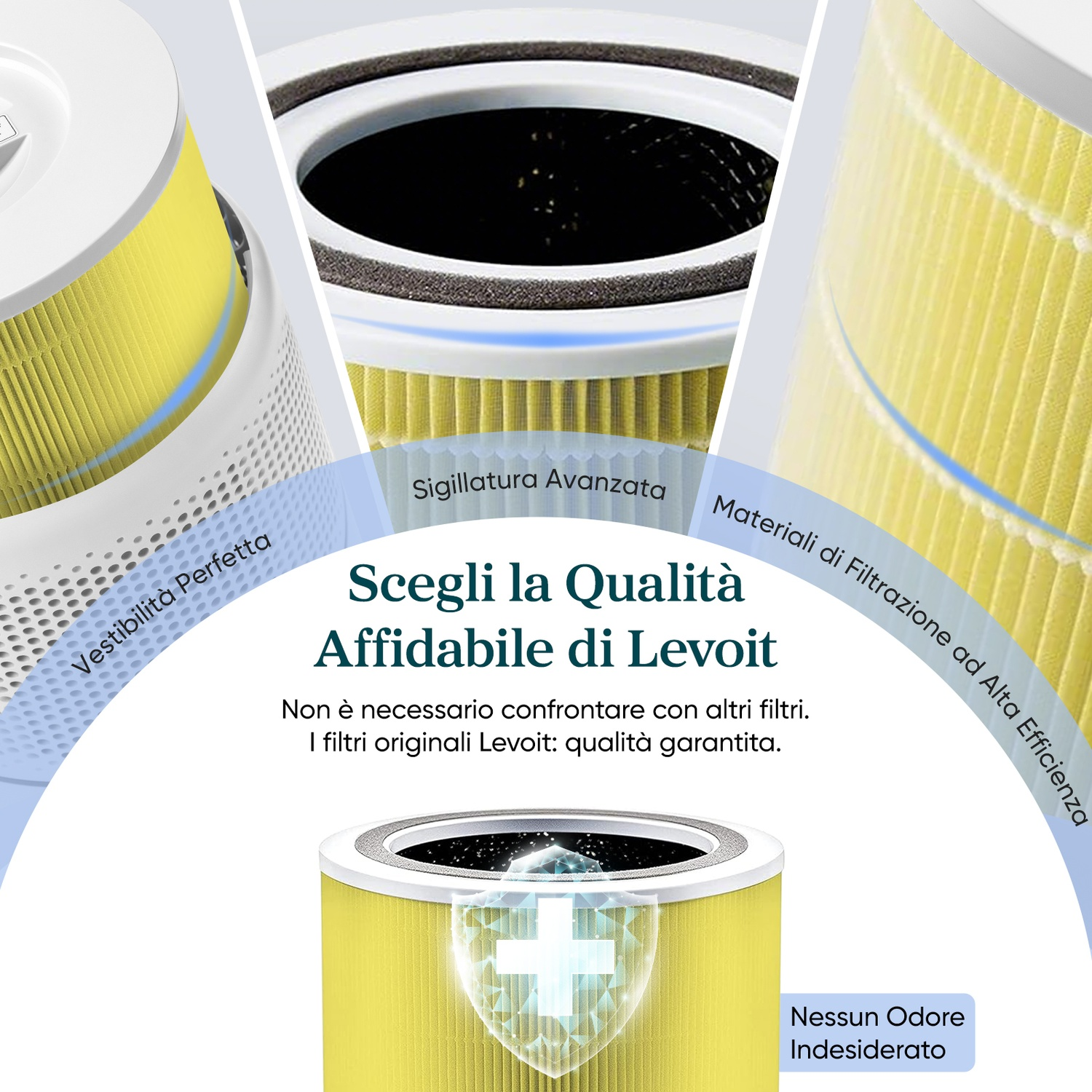 Primo piano di componenti del filtro dell'aria con testo sulla qualità.