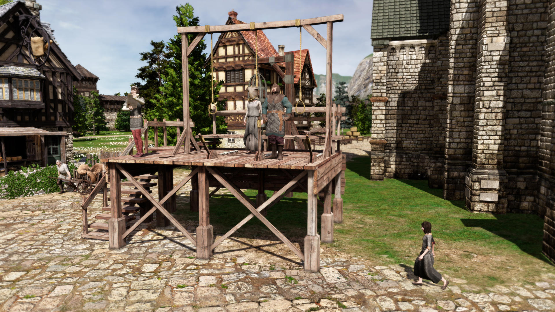 Szubienica z dwiema postaciami, kobieta z workiem na głowie, obok niej mężczyzna.