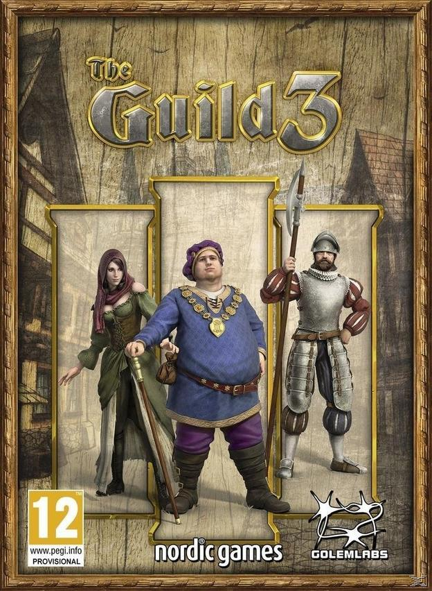 Trzy postacie promujące grę 'The Guild 3', z oznaczeniem wiekowym 12.