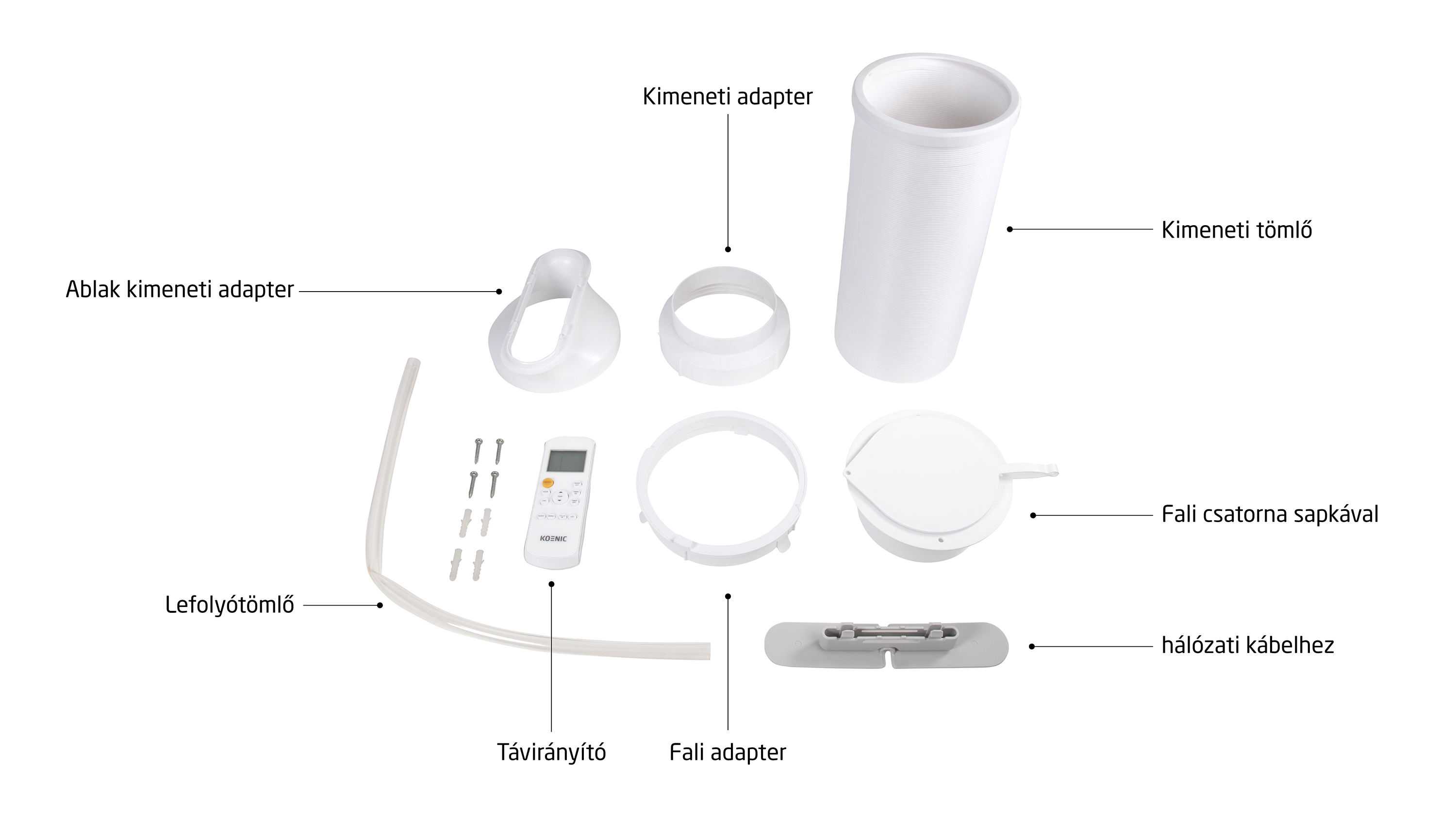 Białe akcesoria do klimatyzatora: adaptery, wąż, pilot, śruby, uchwyt.