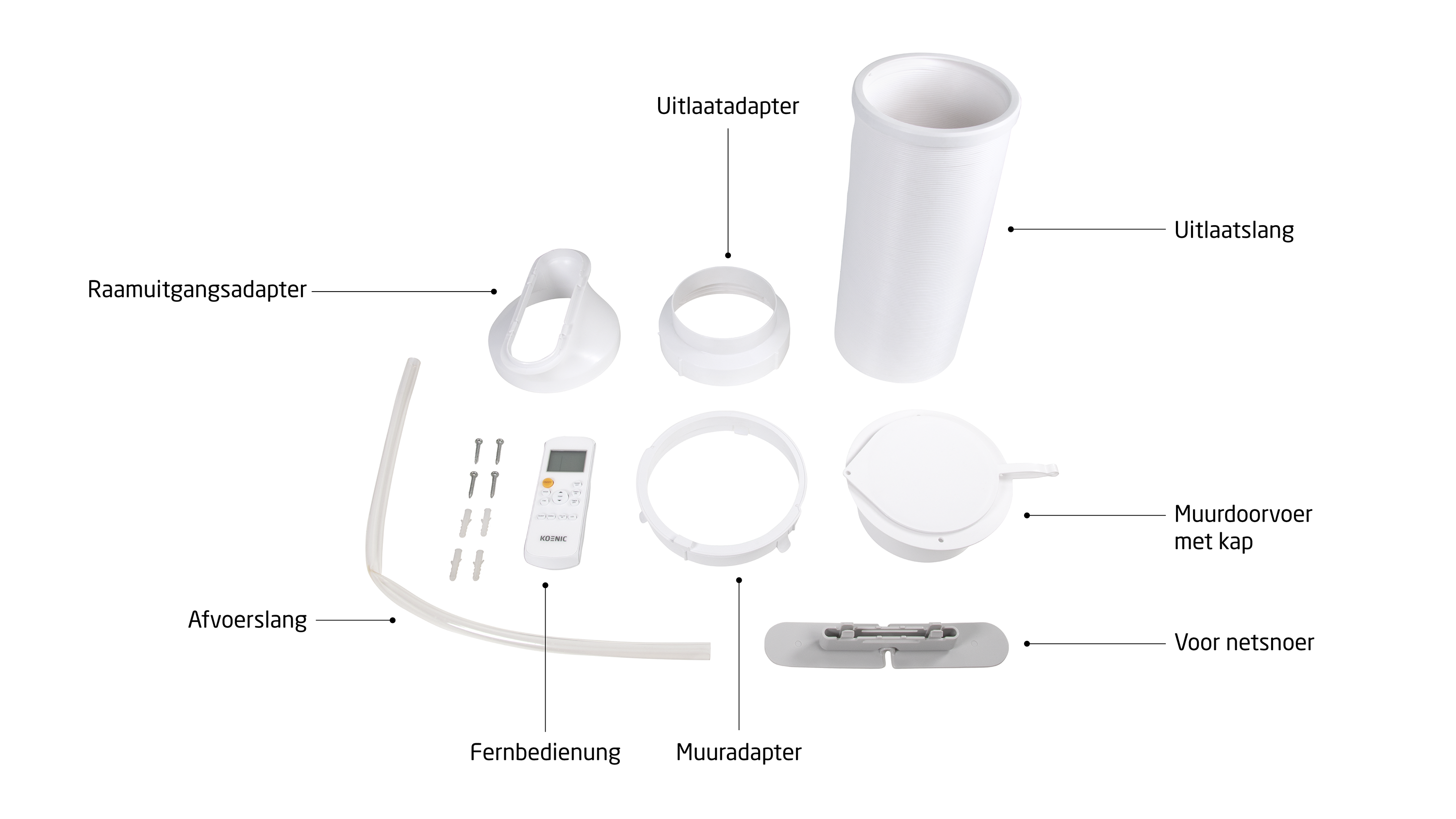 Białe akcesoria do klimatyzatora: wąż, adaptery, pilot i śruby.