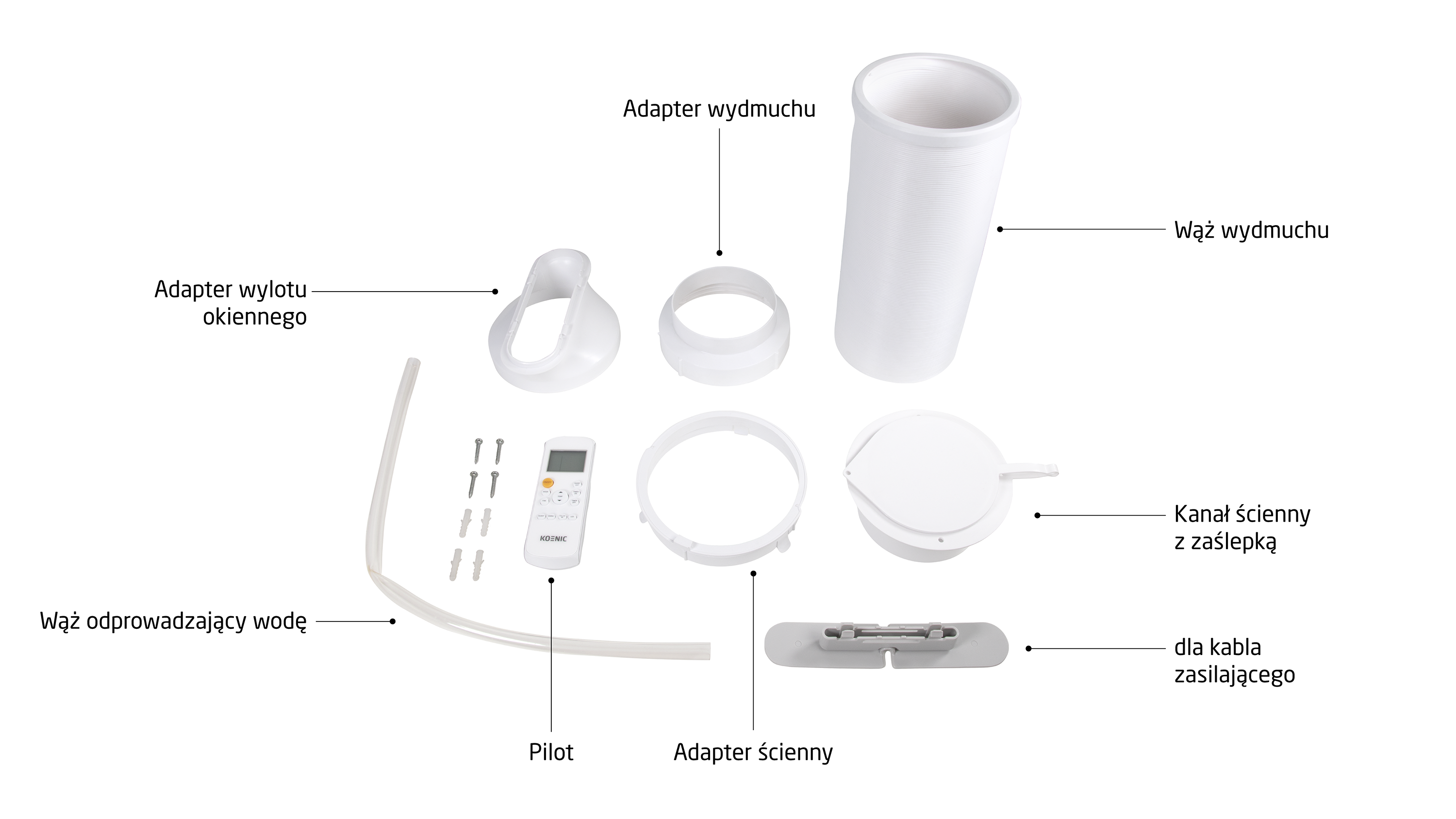 Białe akcesoria do klimatyzatora: wąż odpływowy, adaptery, pilot, śruby.
