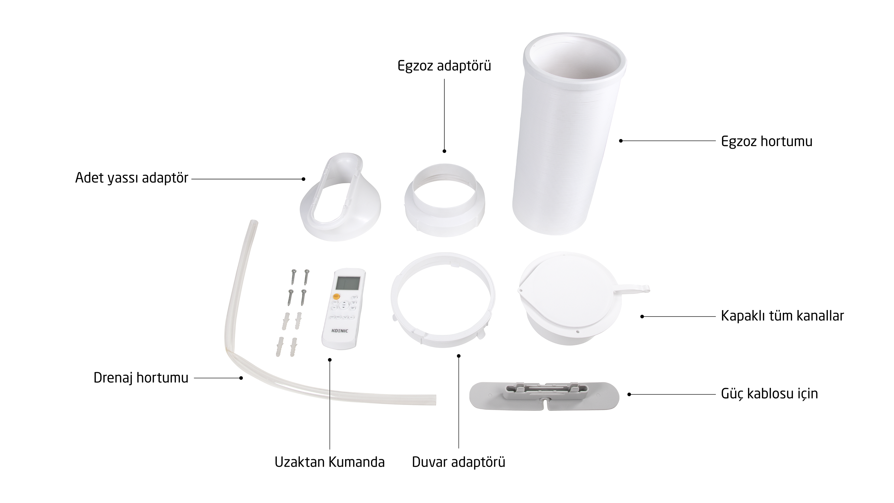 Białe akcesoria do klimatyzatora: wąż wydechowy, adaptery, pilot i śruby.