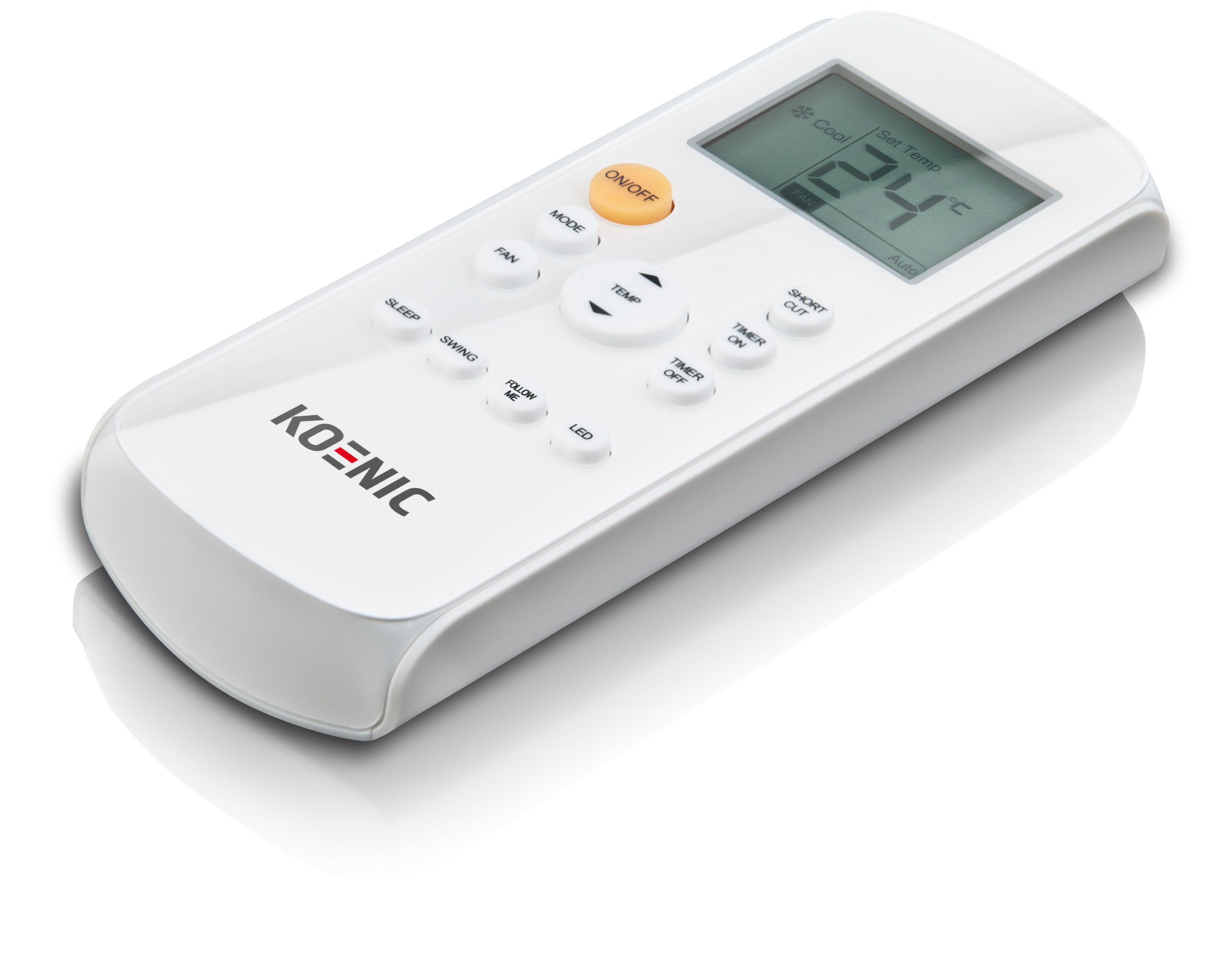 Biały pilot do klimatyzatora z ekranem LCD i przyciskami.