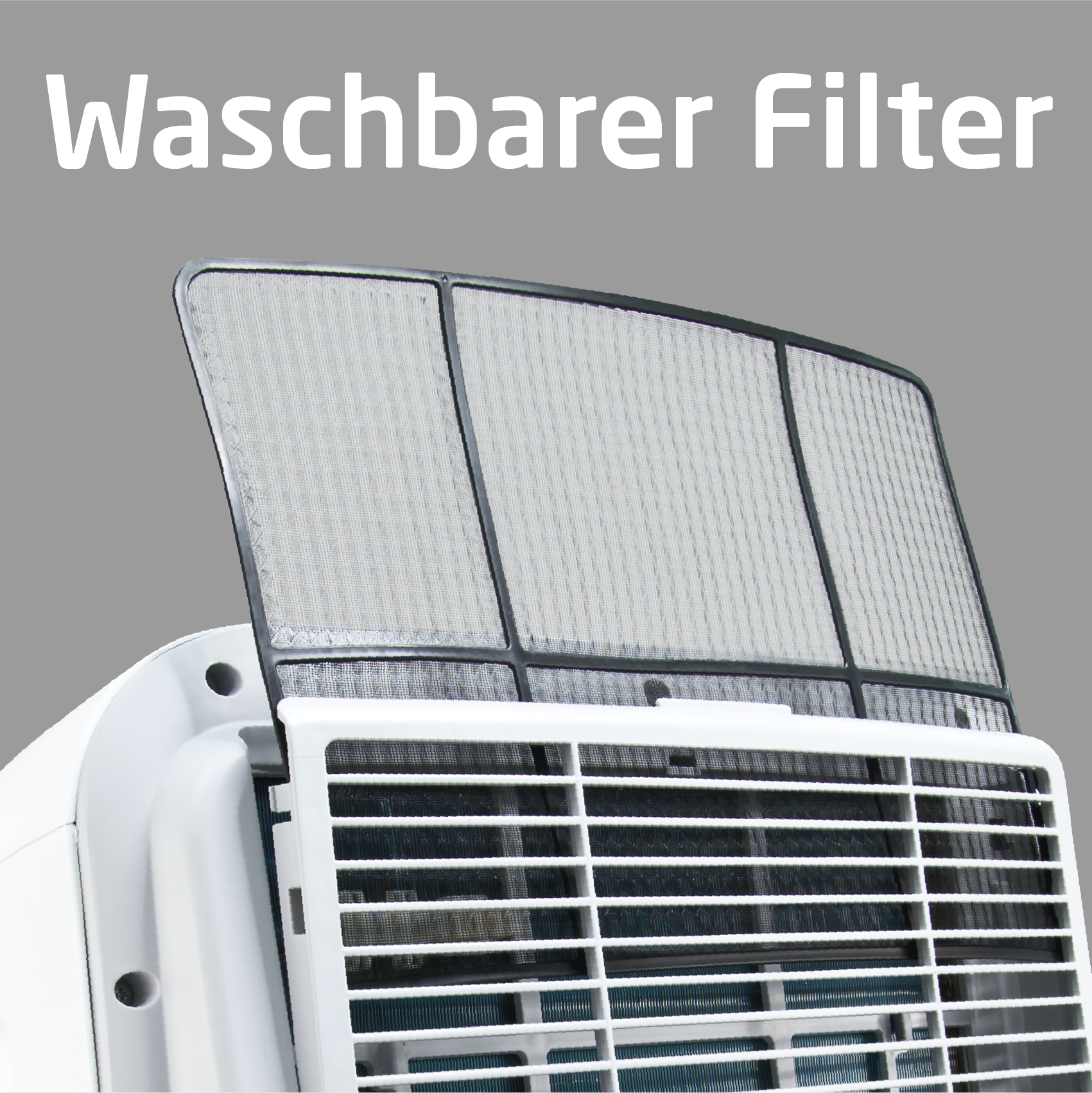 Wyjmowany biały filtr klimatyzatora. Tekst: Filtr nadający się do prania.