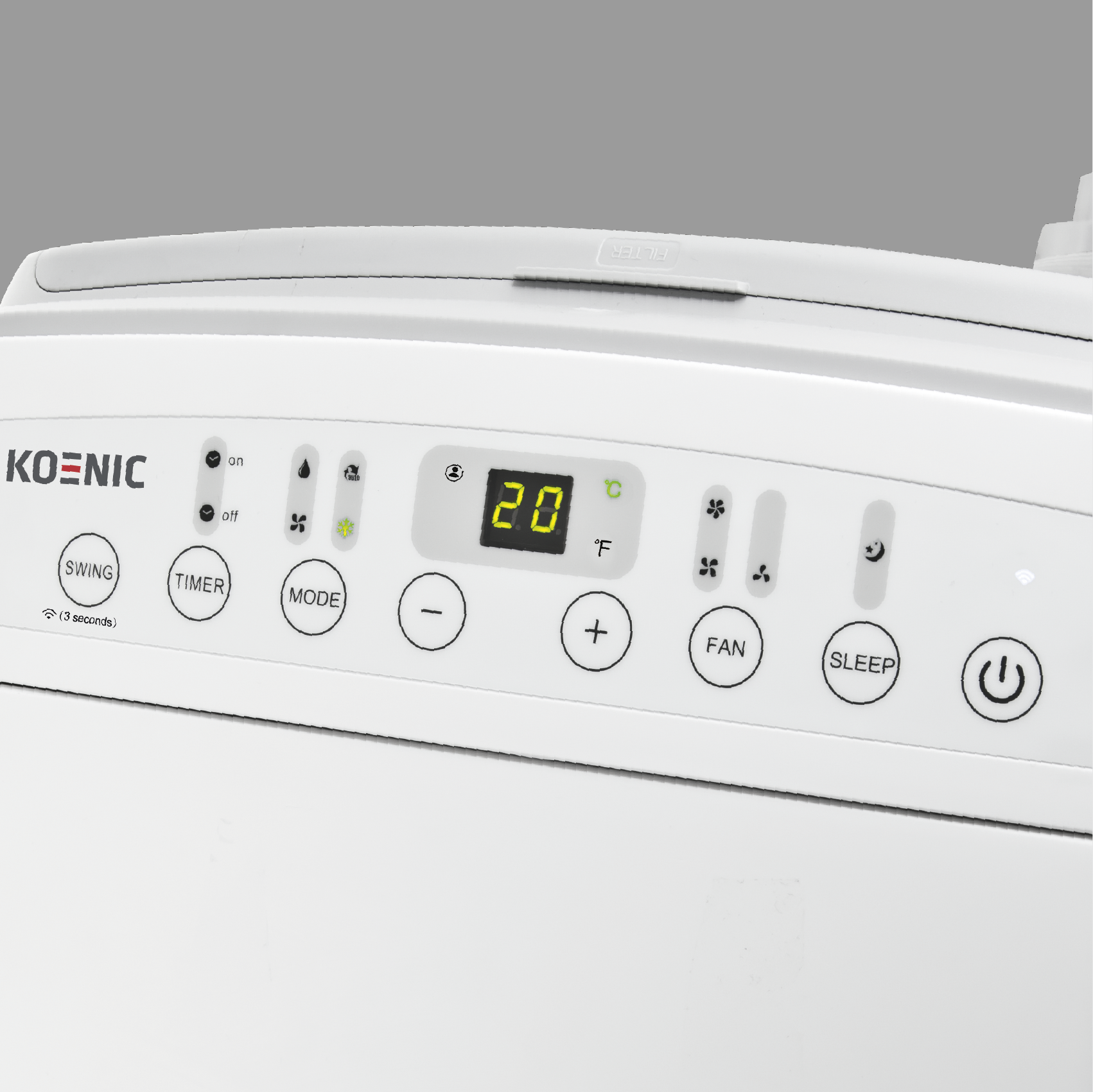 Biały panel sterowania klimatyzatora z cyfrowym wyświetlaczem (20°C), przyciskami i ikonami.