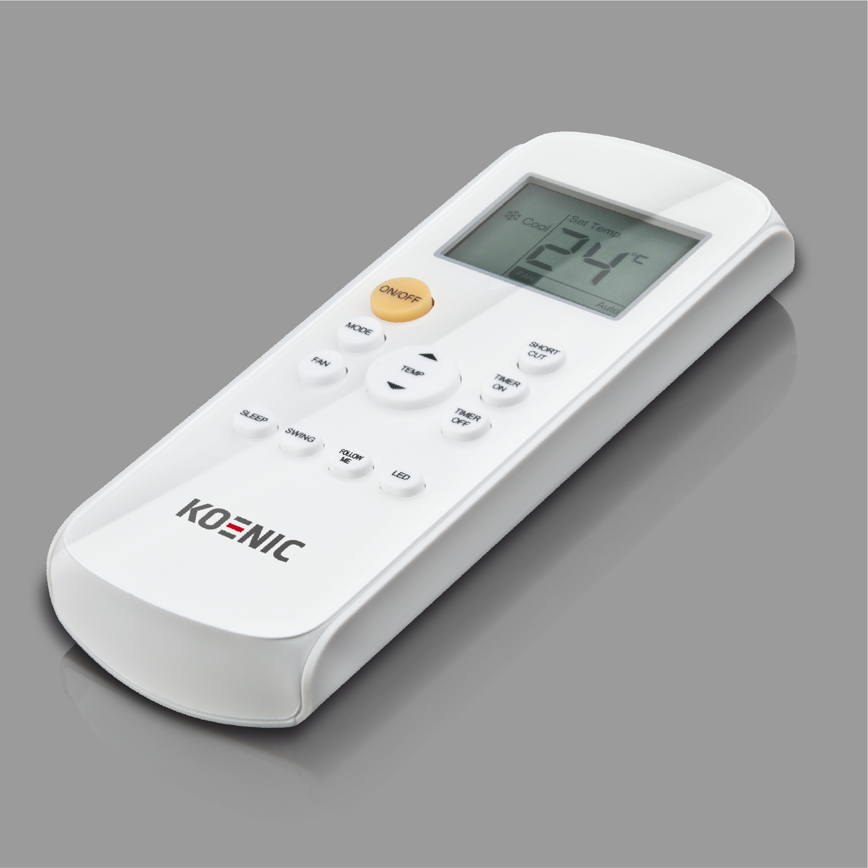 Biały pilot do klimatyzatora z ekranem LCD i przyciskami.
