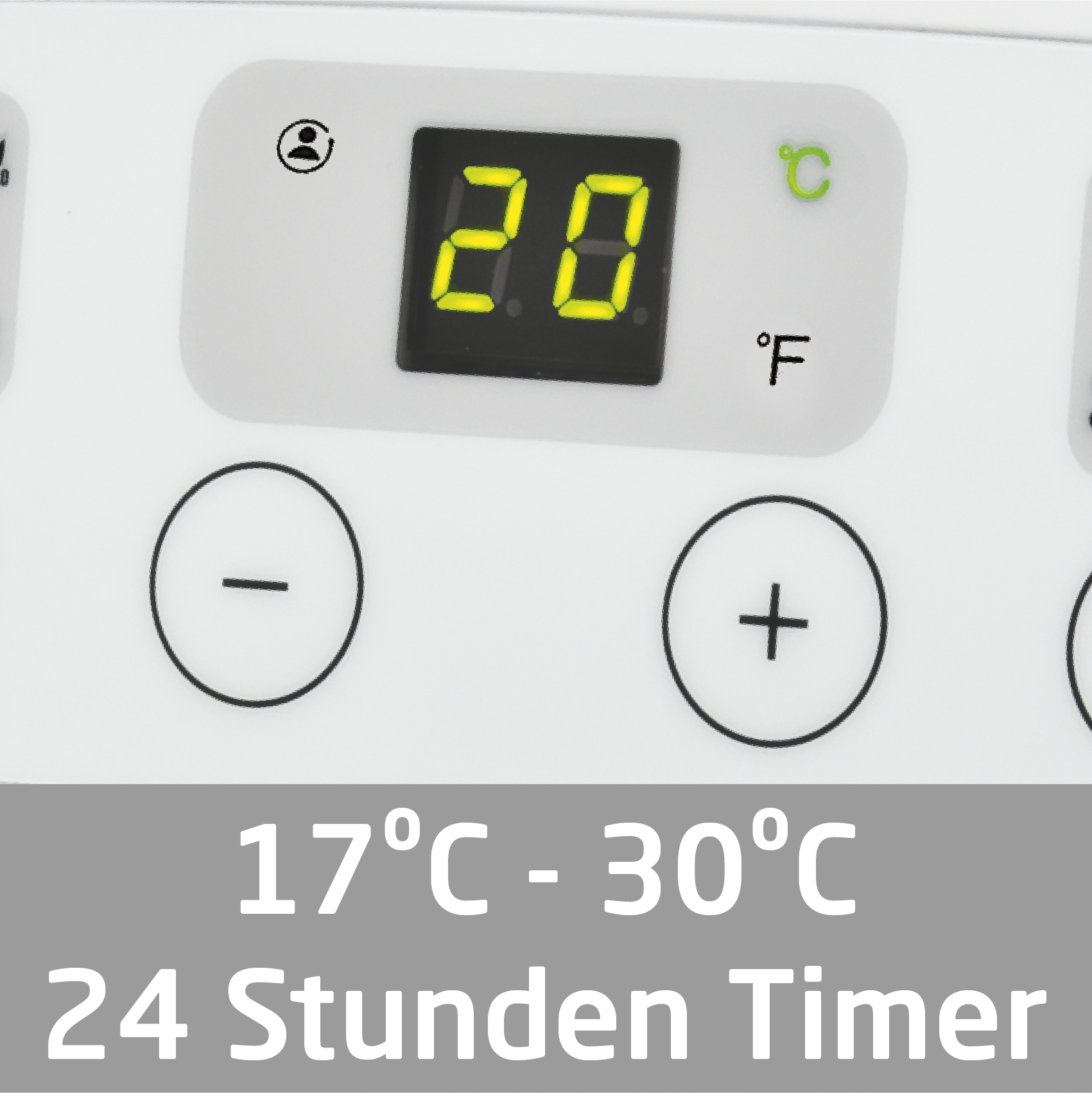 Wyświetlacz cyfrowy pokazuje 20C, z przyciskami i informacją o timerze.