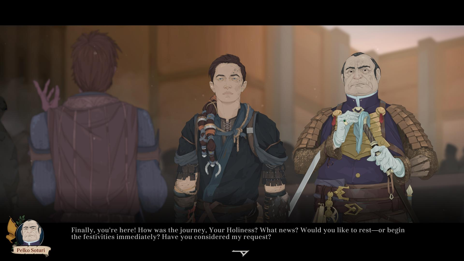 Trzech mężczyzn w historycznych strojach stoi naprzeciw siebie. Jeden mówi.