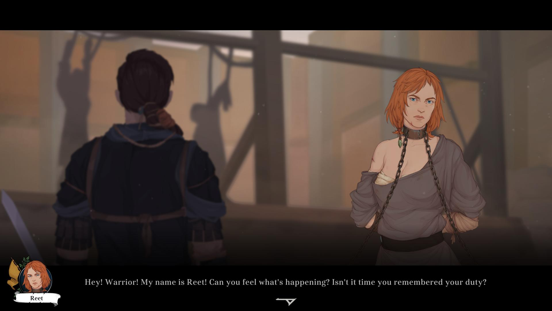 Ruda kobieta w łańcuchach patrzy poważnie. Wojownik stoi na pierwszym planie.