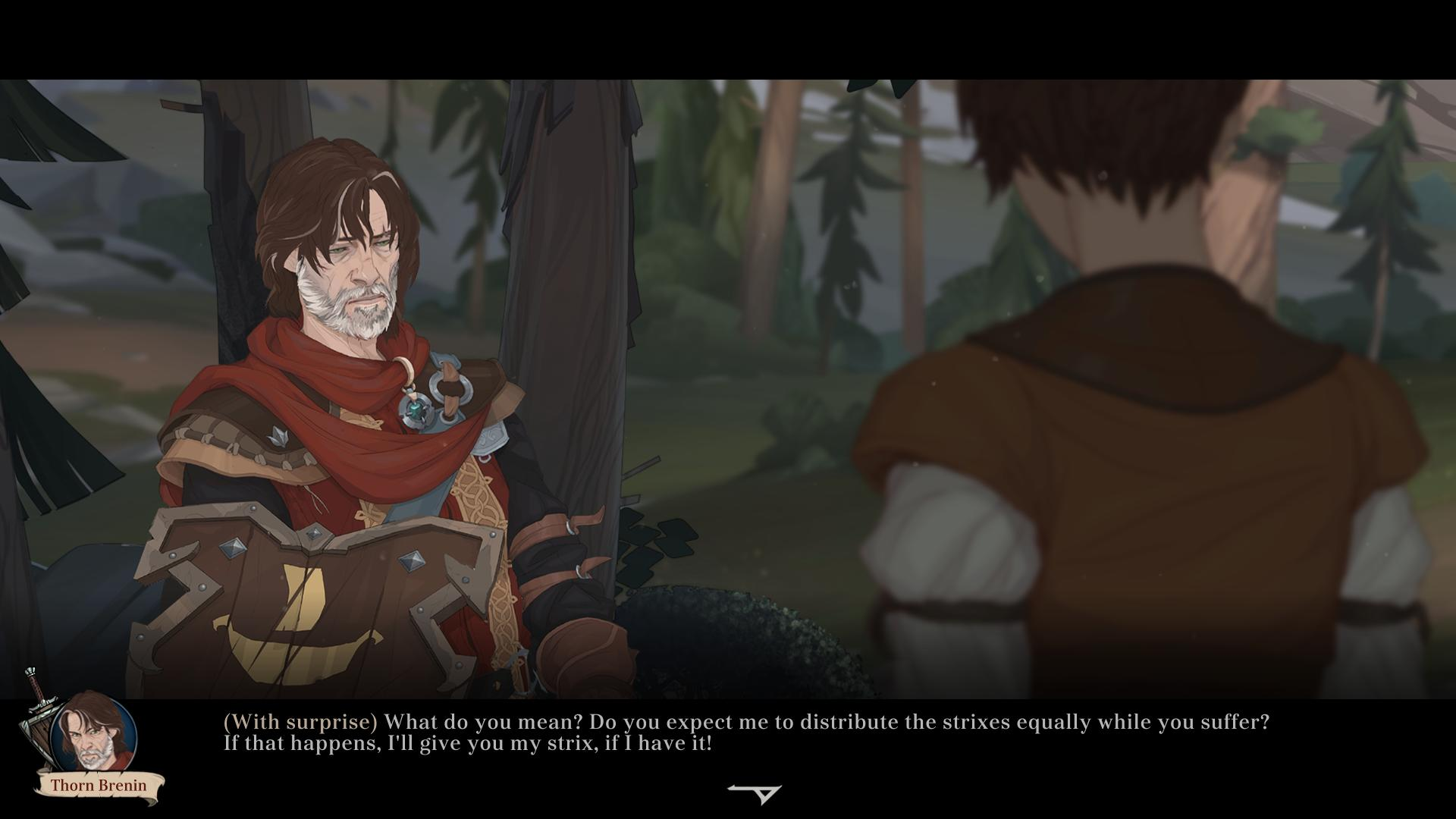 Mężczyzna z brodą i czerwoną szarfą rozmawia z osobą, las w tle.