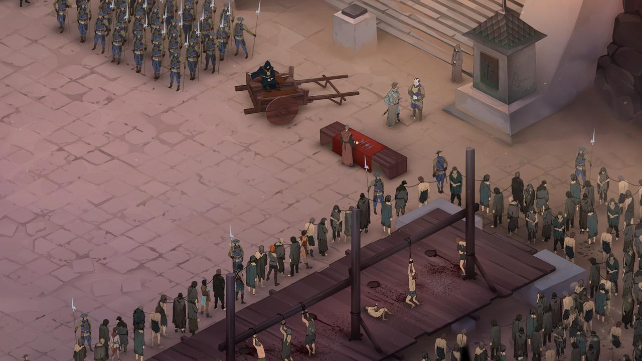 Scena egzekucji z wieloma widzami i żołnierzami.