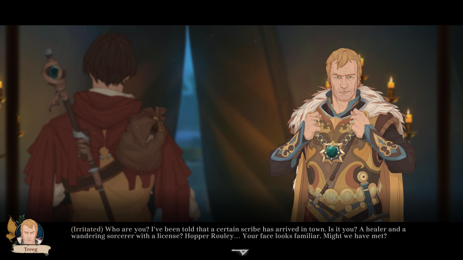 Mężczyzna z laską i mężczyzna w zdobionej zbroi stoją naprzeciw siebie w ciemnym pomieszczeniu.