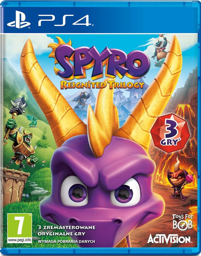 Spyro fioletowy smok-maskotka widnieje na okładce Spyro Reignited Trilogy na PS4.