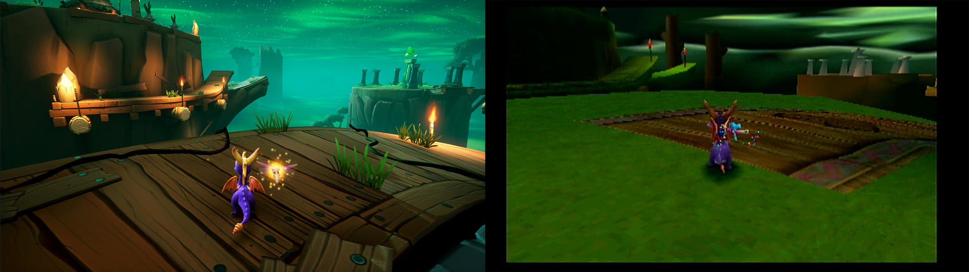 Fioletowy smok na drewnianej platformie pod zielonym niebem, stary bohater 3D po prawej.