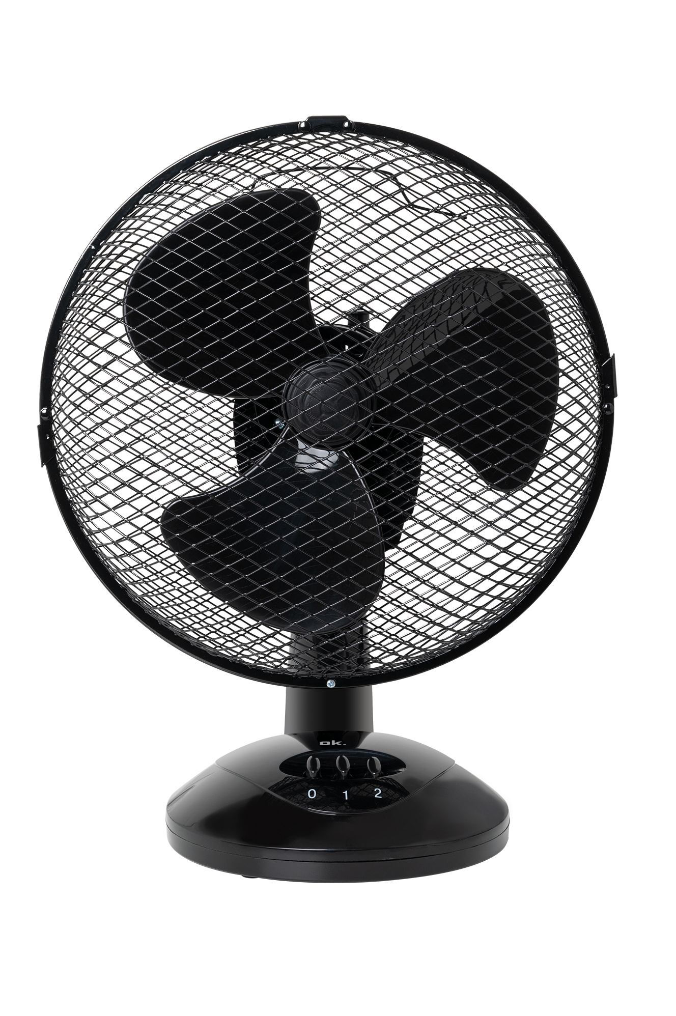 Czarny wentylator biurkowy z trzema łopatkami i siatką ochronną.